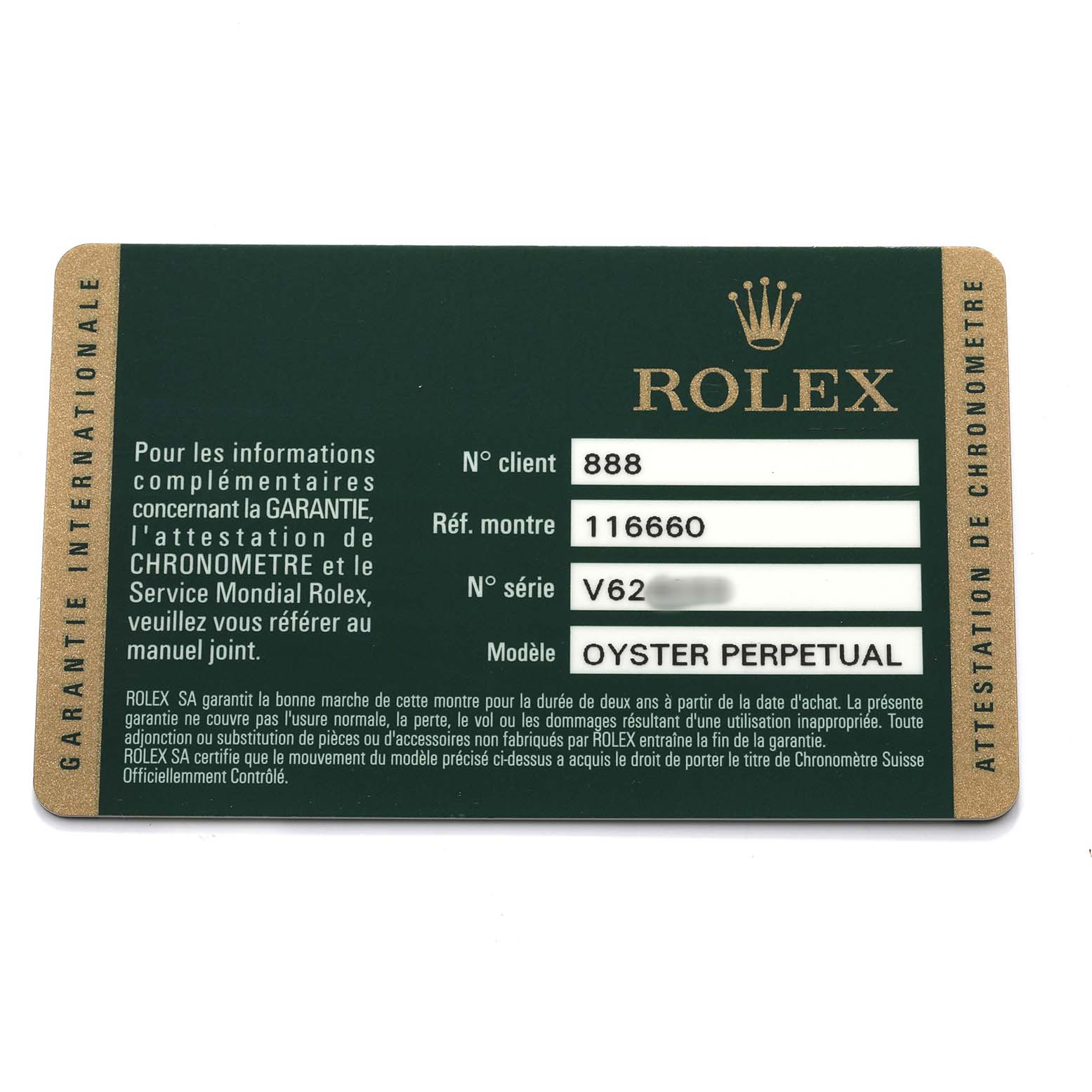 The image shows a warranty card for a Rolex Oyster Perpetual Sea-Dweller model.