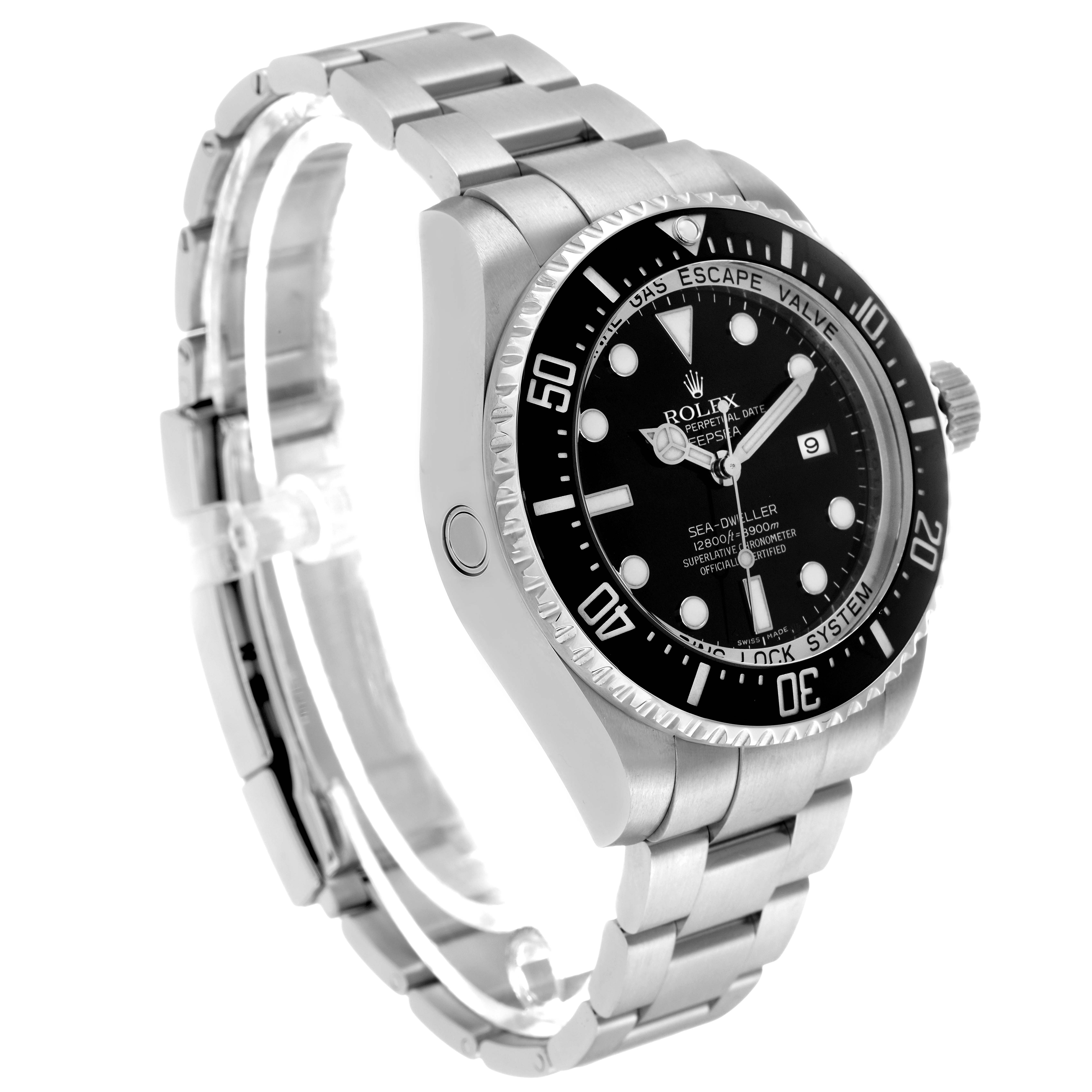 The Rolex Sea-Dweller 116660 Men's Stainless Steel Black Dial watch is shown from a front-left angle, highlighting the bezel, dial, and bracelet.