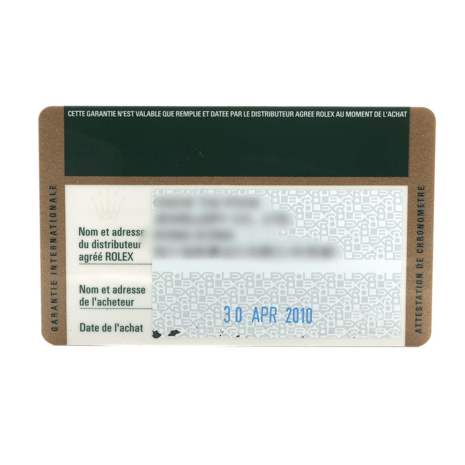 The image shows the warranty card for a Rolex Sea-Dweller 116660 Men's Stainless Steel Black Dial watch.