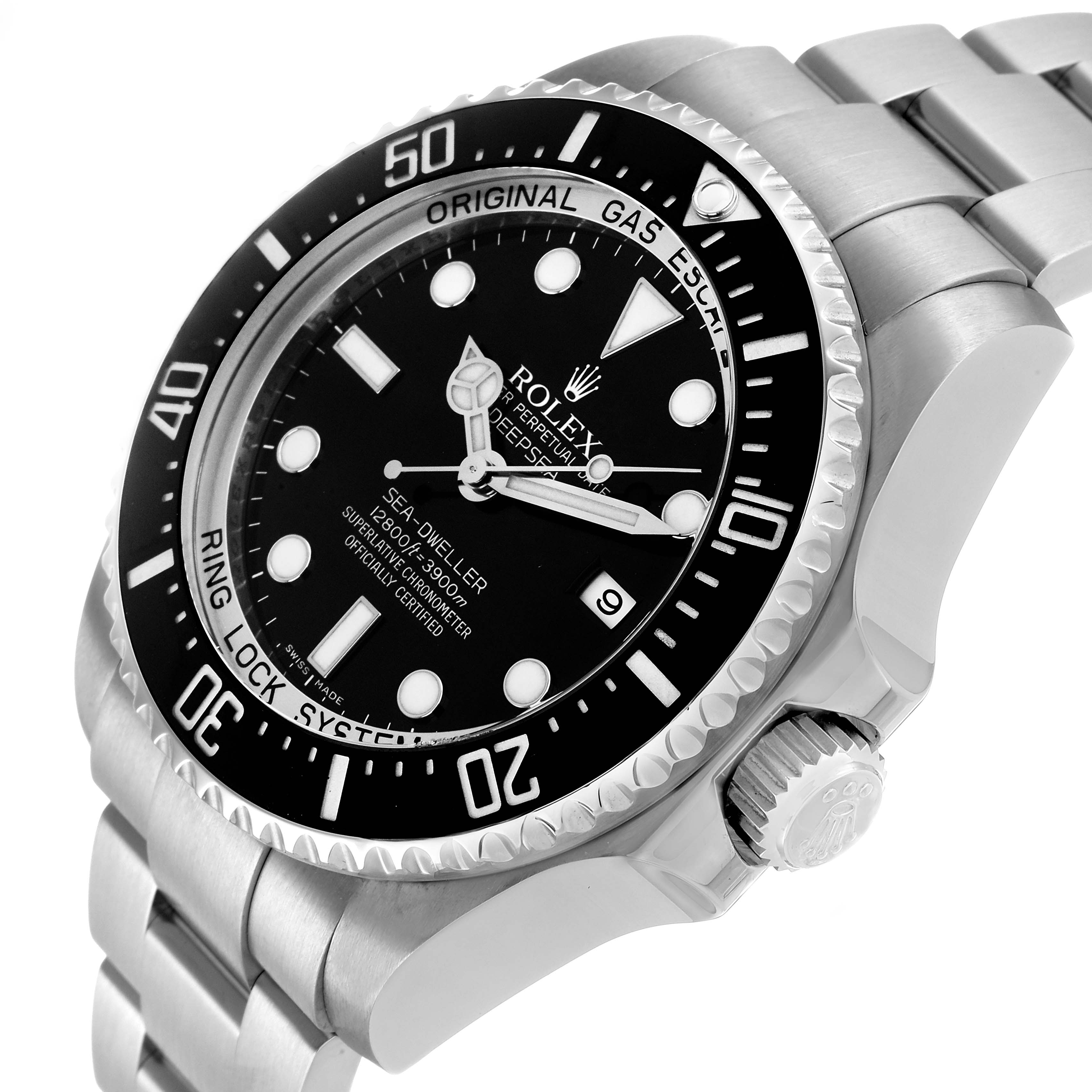 The Rolex Sea-Dweller 116660 Men's Stainless Steel Black Dial watch is shown at an angled view, displaying the bezel, crown, and part of the bracelet.
