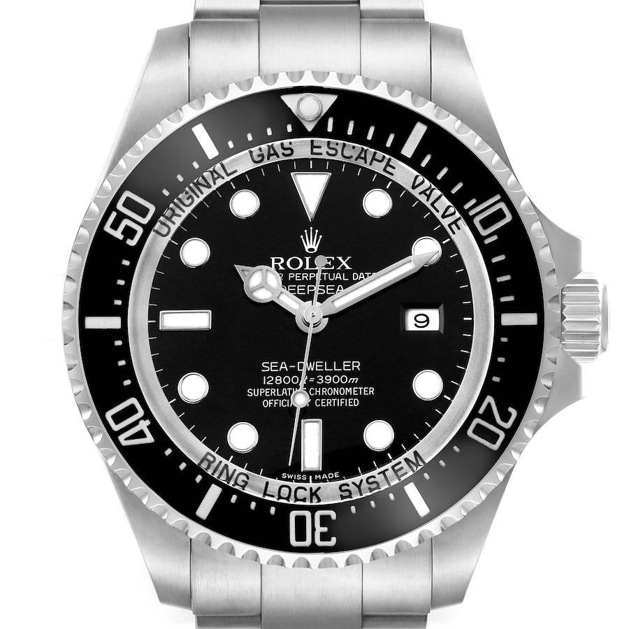 The Rolex Sea-Dweller 116660 Men's Stainless Steel Black Dial watch is shown from a front angle, displaying its bezel, dial, hands, and crown.