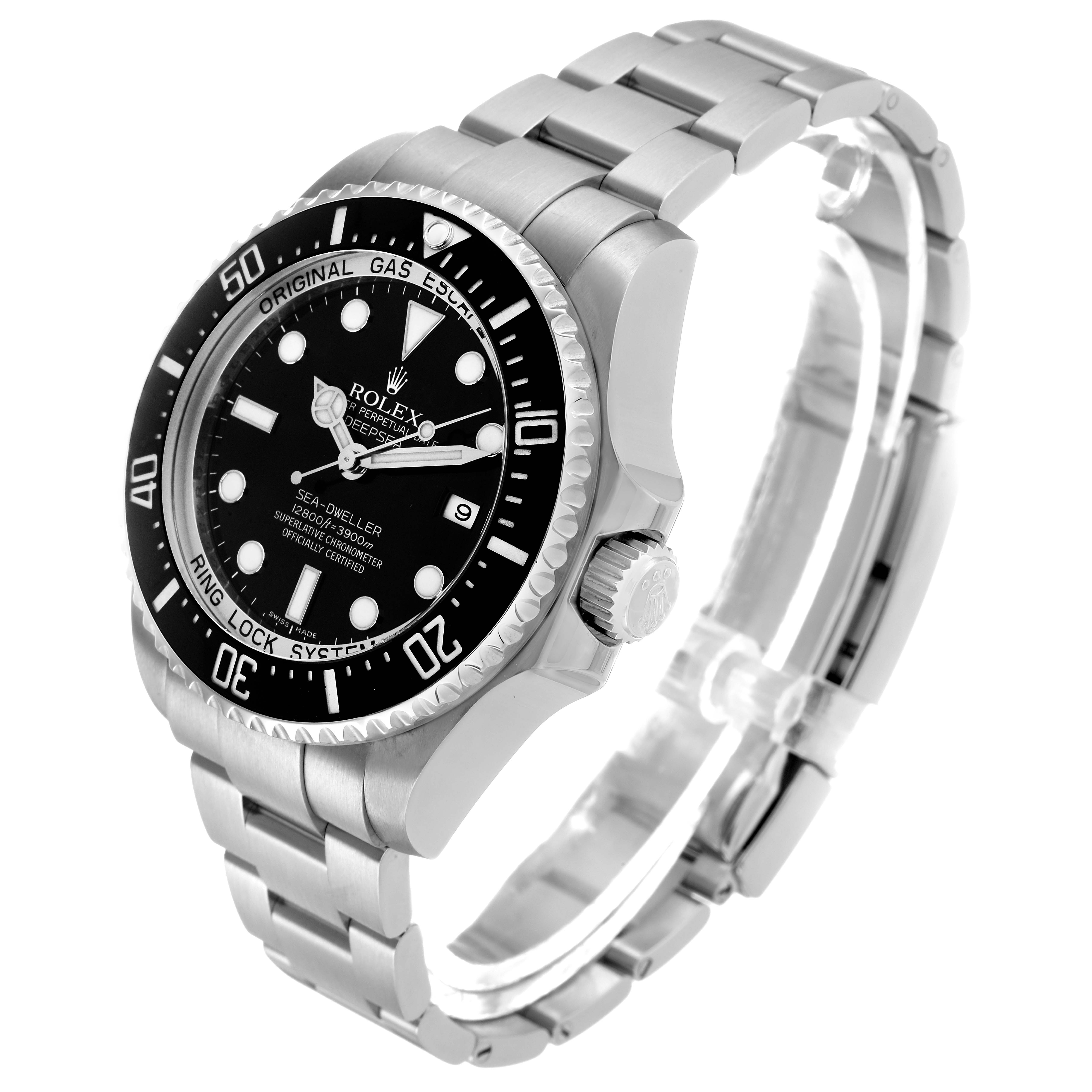 The Rolex Sea-Dweller 116660 Men's Stainless Steel Black Dial watch is shown at a side angle, featuring the bezel, dial, crown, and bracelet.