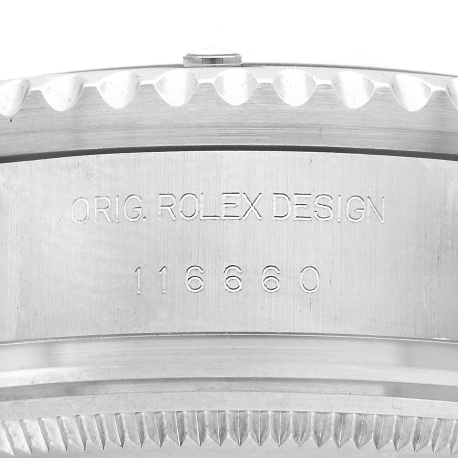 The image shows a close-up side view of a Rolex Sea-Dweller 116660 Men's Stainless Steel Black Dial watch case with "ORIG. ROLEX DESIGN" and the model number engraved.