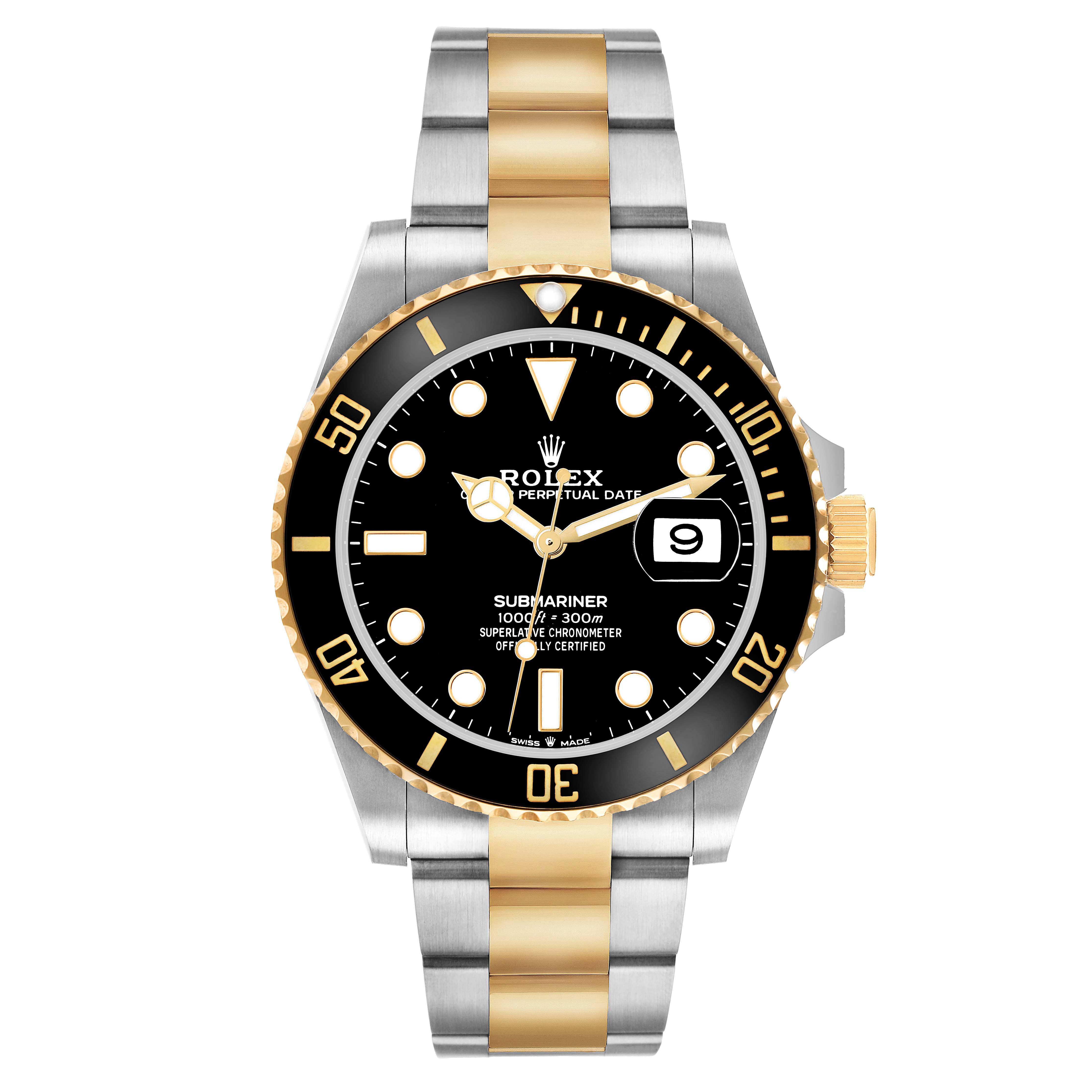 The Rolex Submariner 126613 Men's Steel and Gold (two tone) Black Dial watch is shown from the front, highlighting the dial, bezel, and bracelet.