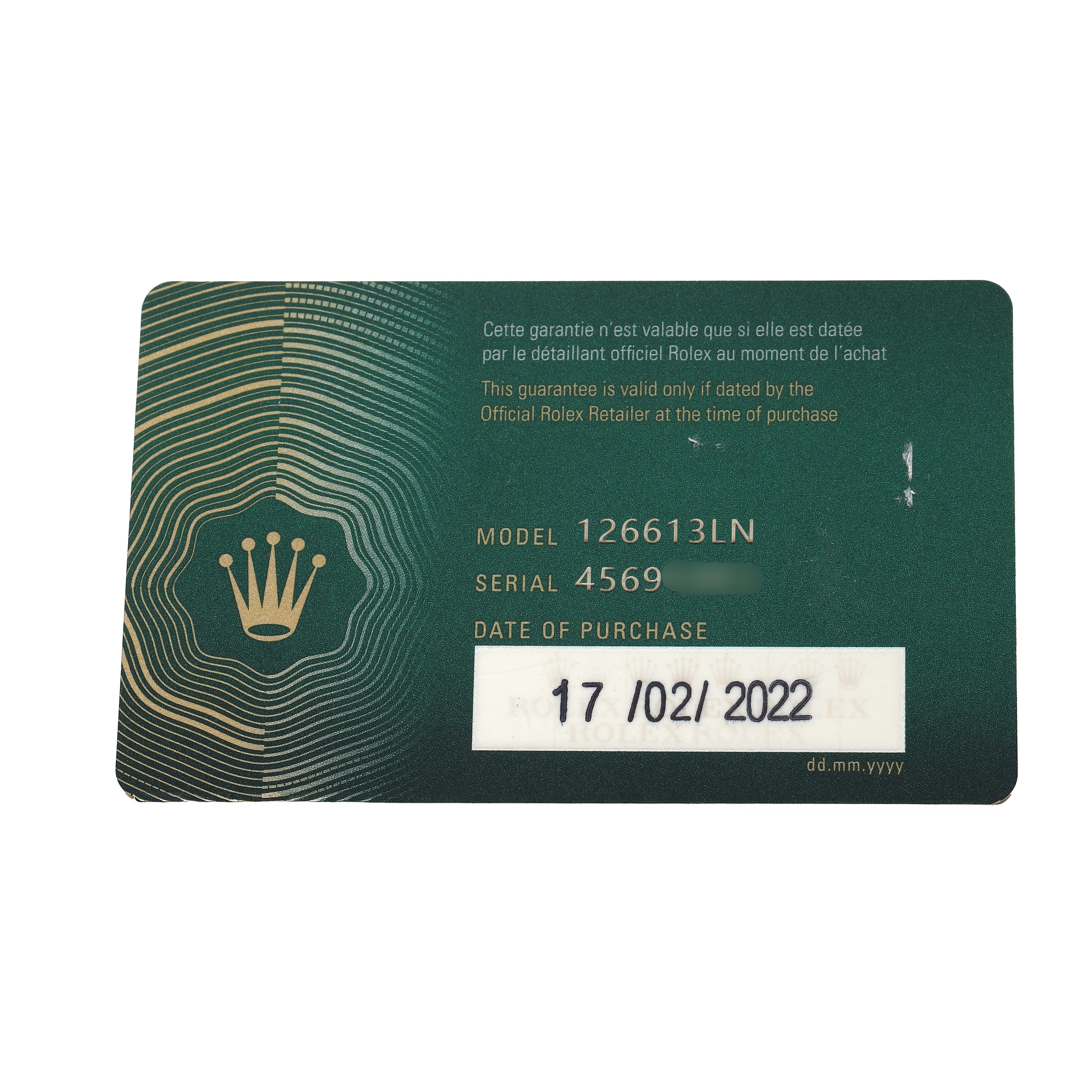 The image shows a Rolex guarantee card for the Submariner, model 126613LN.