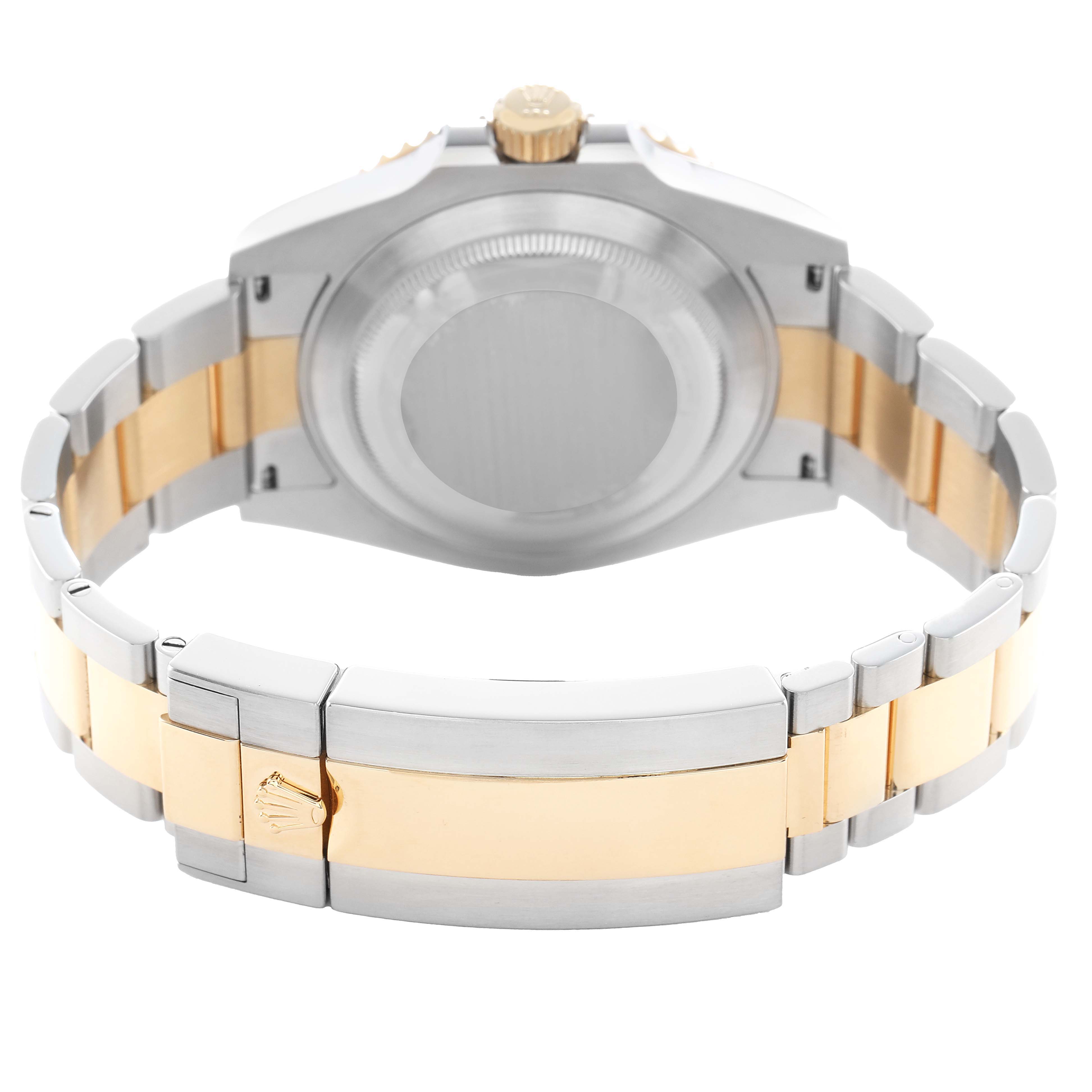 The image shows the back view of a Rolex Submariner 126613 Men's Steel and Gold (two tone) Black Dial, highlighting its bracelet and clasp.