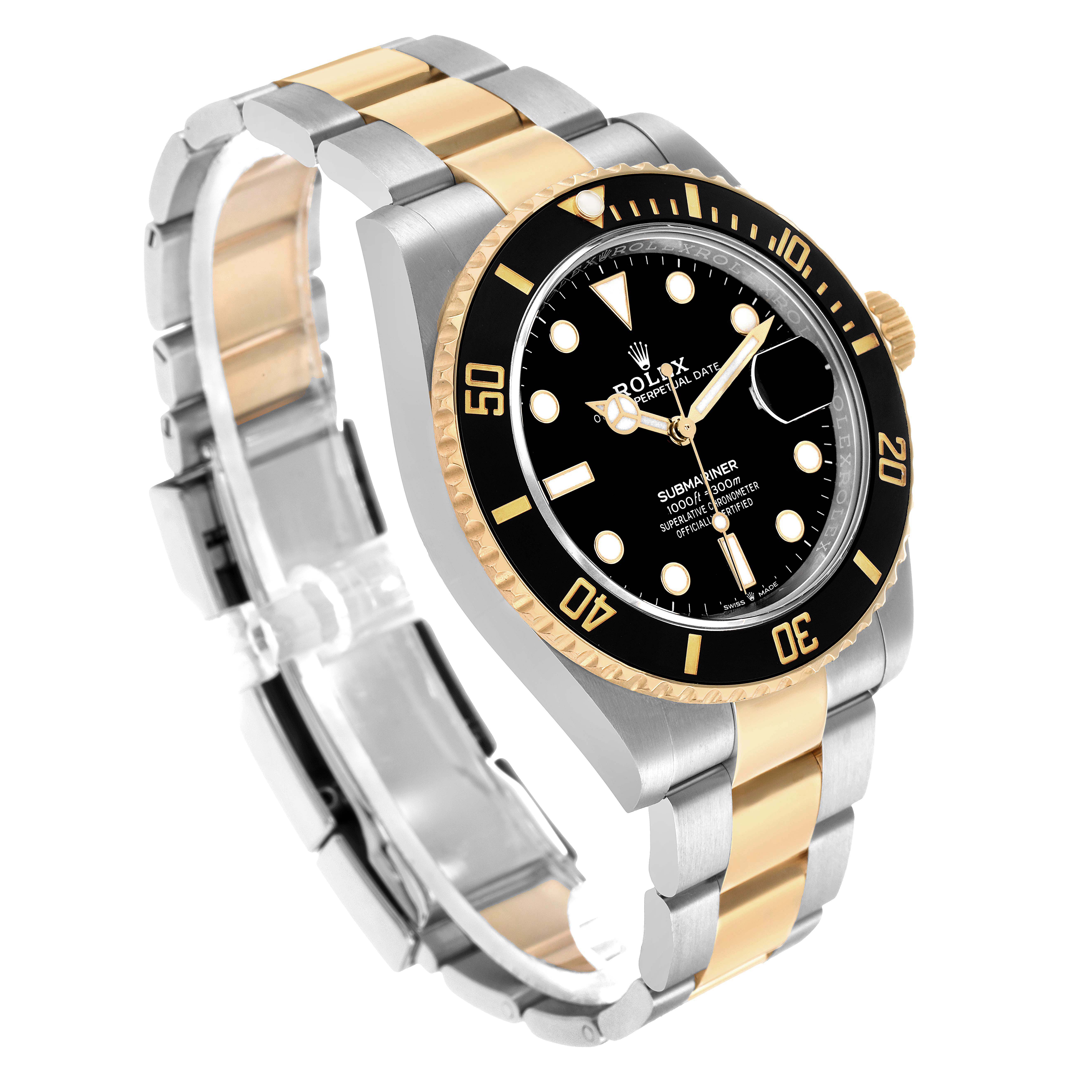 The Rolex Submariner 126613 Men's Steel and Gold (two tone) Black Dial watch is shown at a three-quarter angle, highlighting the black dial, bezel, and two-tone bracelet.