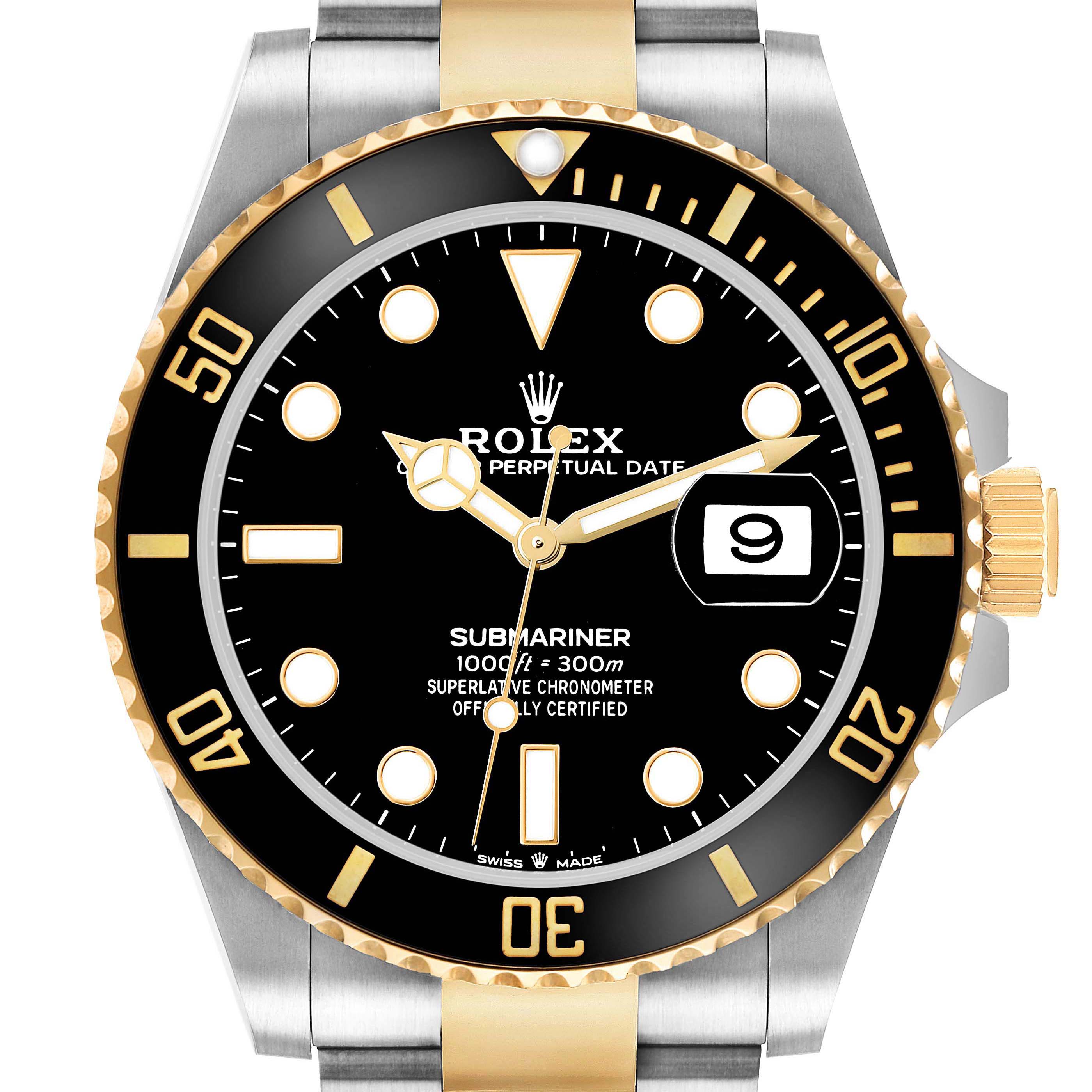 The Rolex Submariner 126613 Men's Steel and Gold (two tone) Black Dial watch is shown from a front angle, highlighting the dial, bezel, and date window.