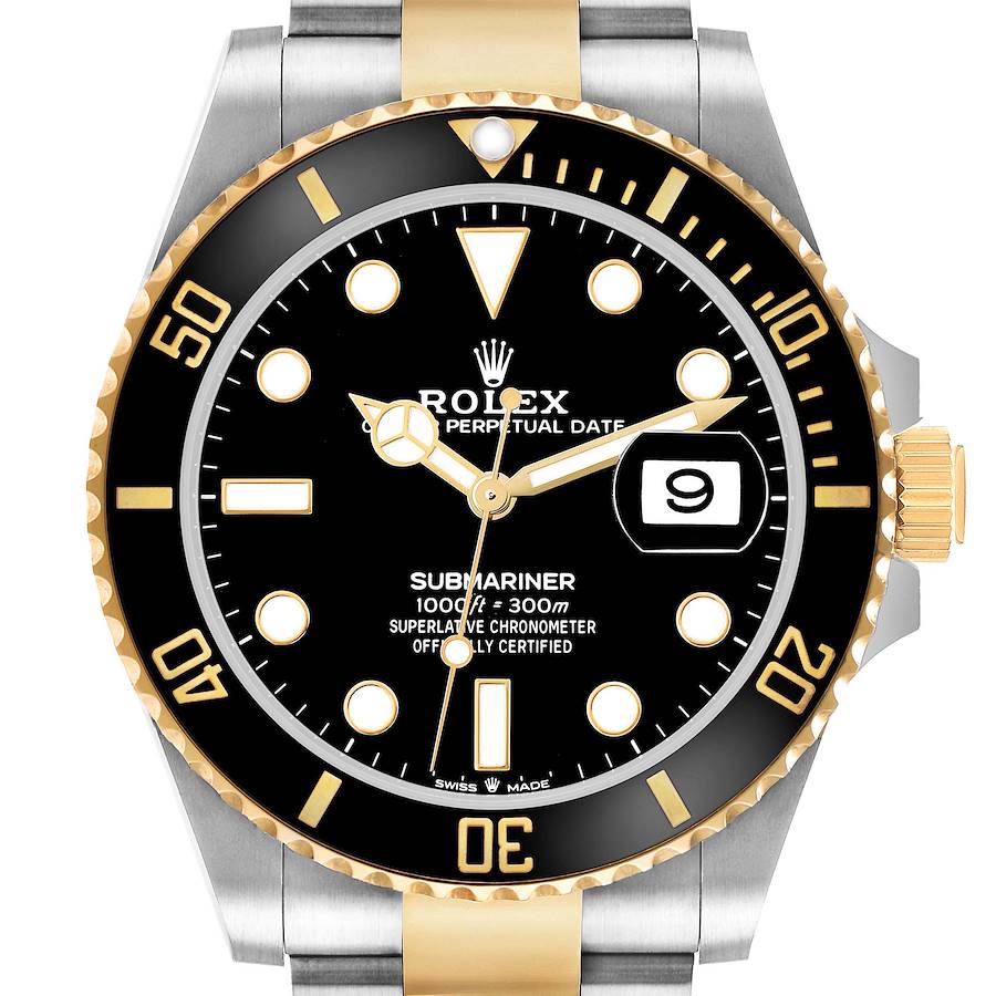 The Rolex Submariner 126613 Men's Steel and Gold (two tone) Black Dial watch is shown from a front angle, highlighting the dial, bezel, and date window.