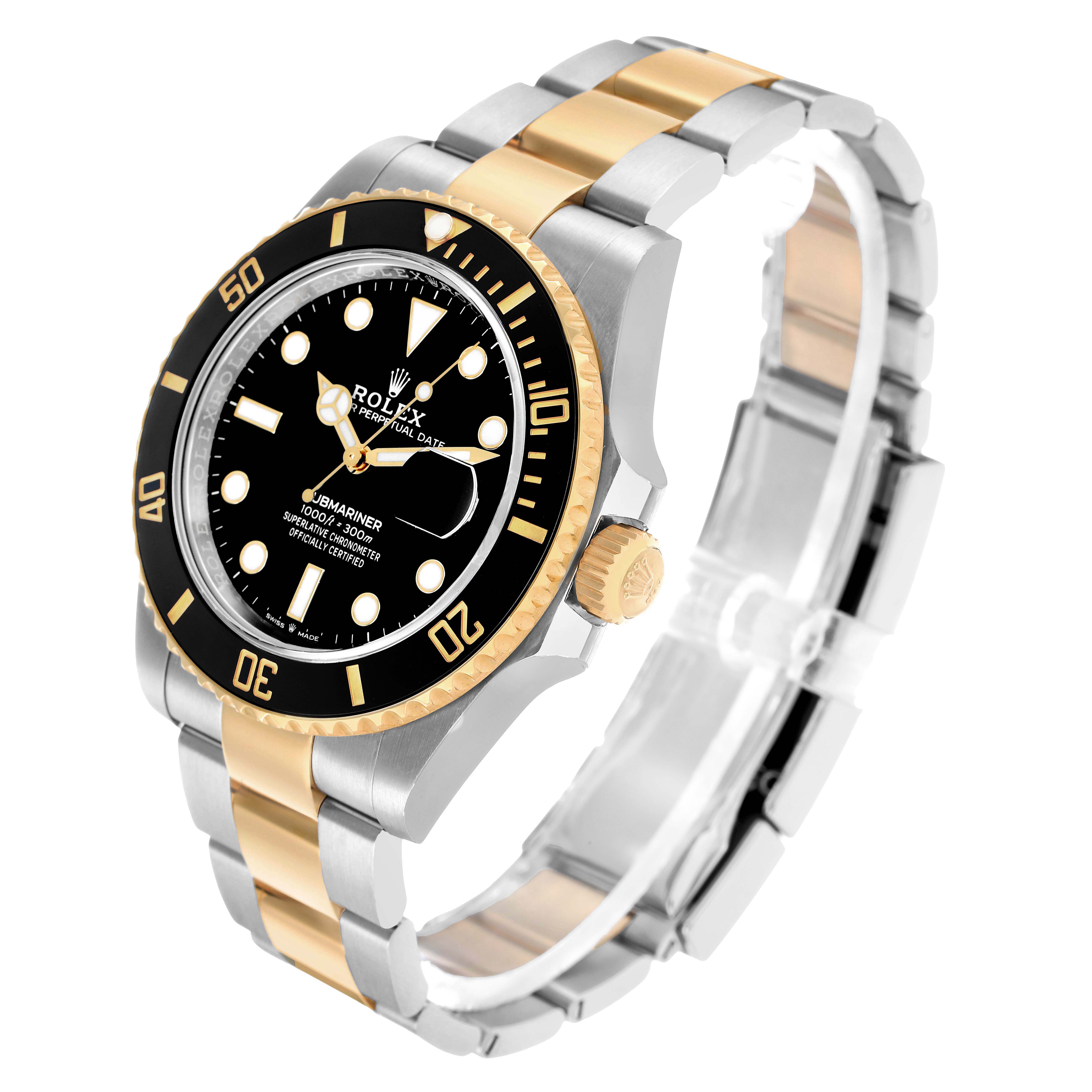 The Rolex Submariner 126613 Men's Steel and Gold (two tone) Black Dial is shown from a three-quarter angle, highlighting the bezel, crown, and bracelet.