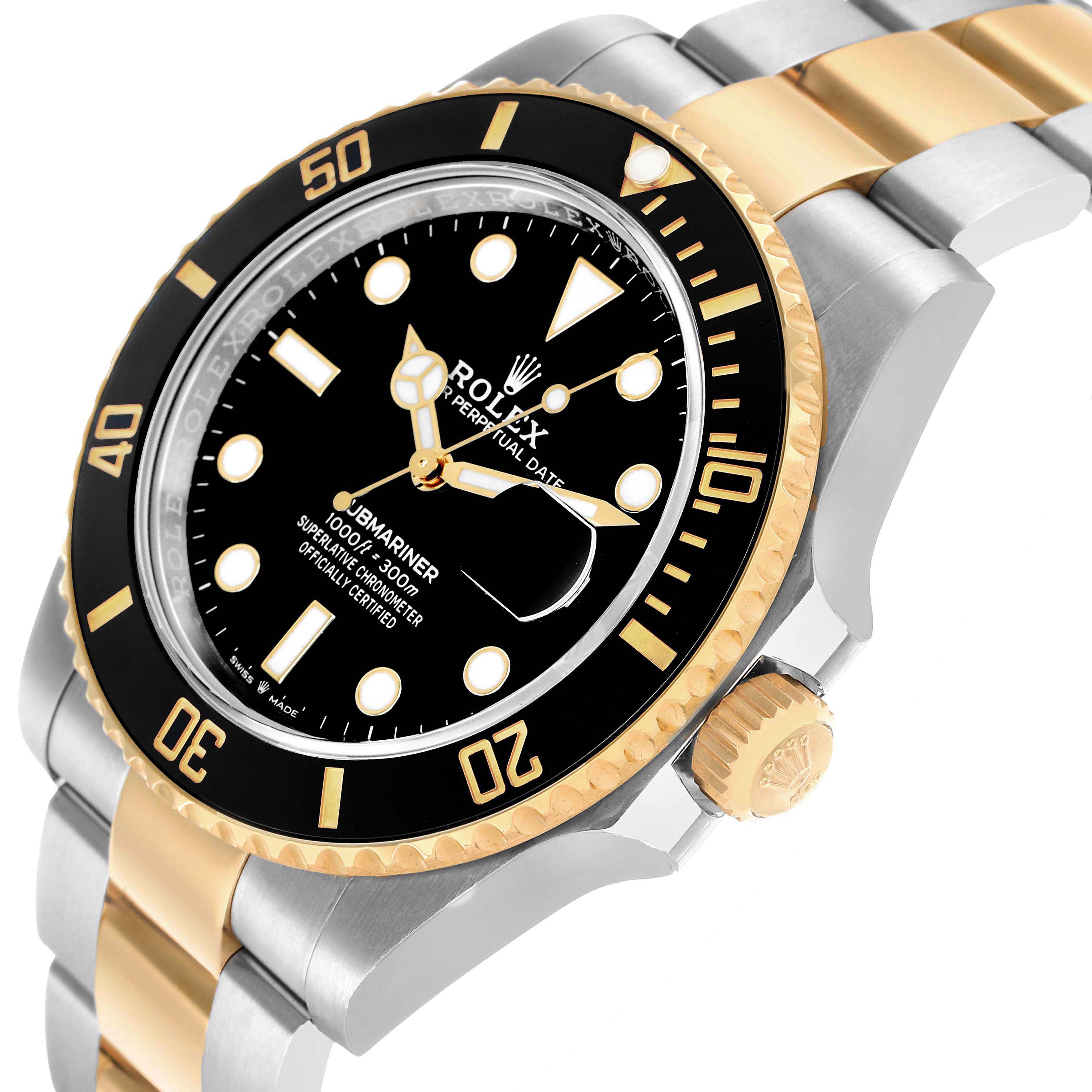 The Rolex Submariner 126613 Men's Steel and Gold (two tone) Black Dial watch is shown at an angled close-up, highlighting the bezel, dial, crown, and part of the bracelet.