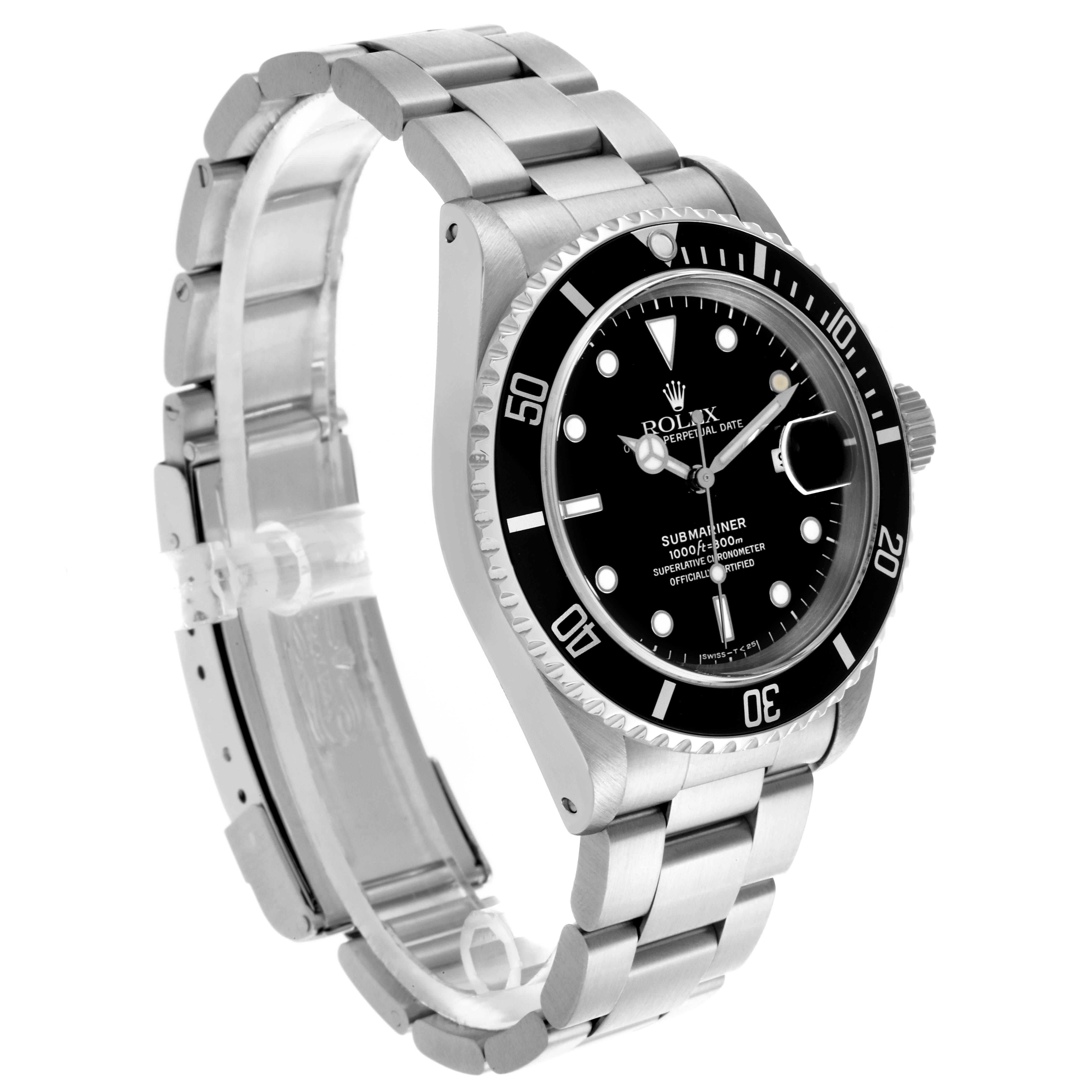 The Rolex Submariner 16610 Men
s Stainless Steel Black Dial 16610 Men
s Stainless Steel Black Dial watch is shown from a side angle displaying its face, bezel, and bracelet.