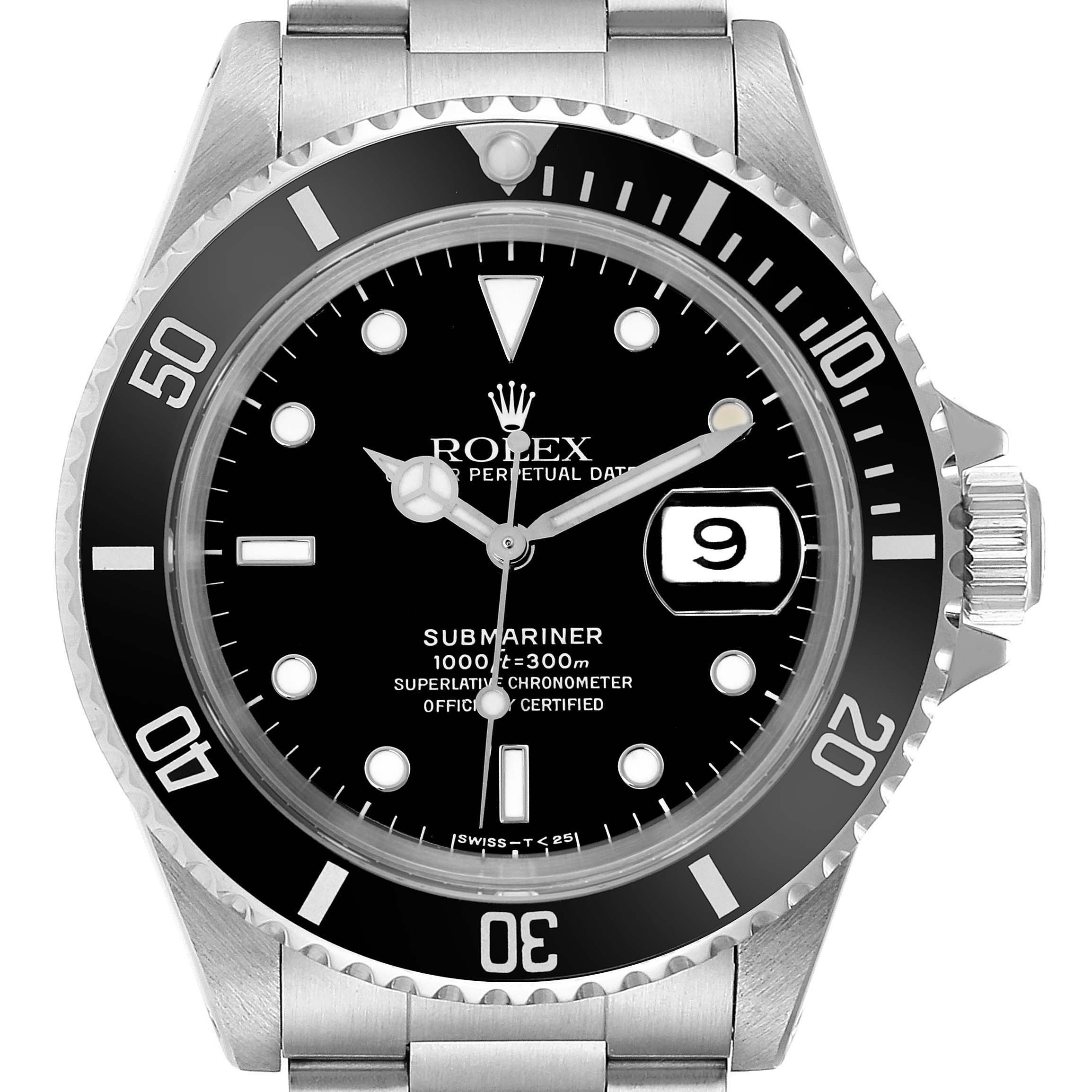 The Rolex Submariner 16610 Men
s Stainless Steel Black Dial 16610 Men
s Stainless Steel Black Dial watch is shown from the front, displaying the dial, bezel, crown, and bracelet.