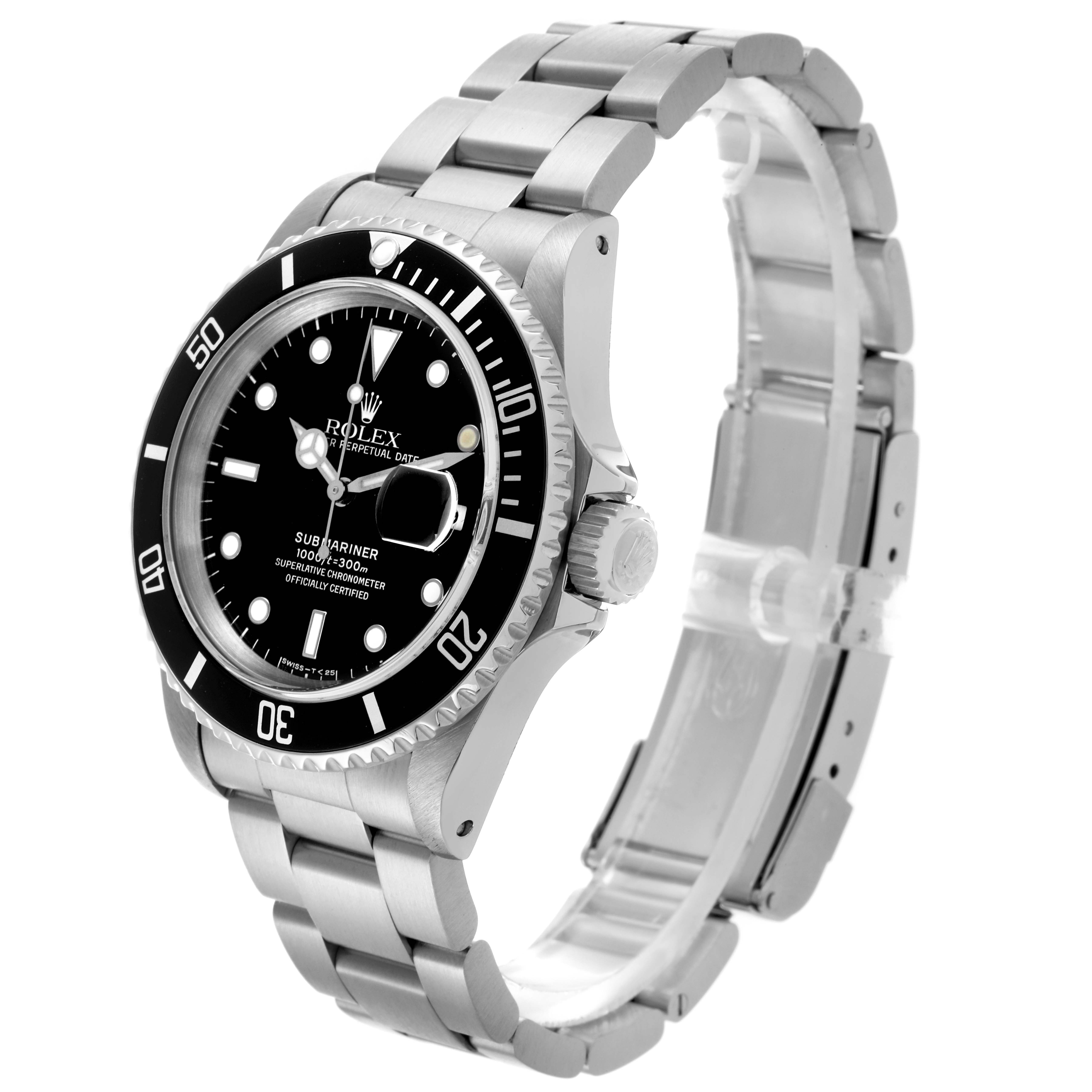 The Rolex Submariner 16610 Men
s Stainless Steel Black Dial 16610 Men
s Stainless Steel Black Dial watch is shown at a three-quarter angle, displaying the face, bezel, crown, and part of the bracelet.