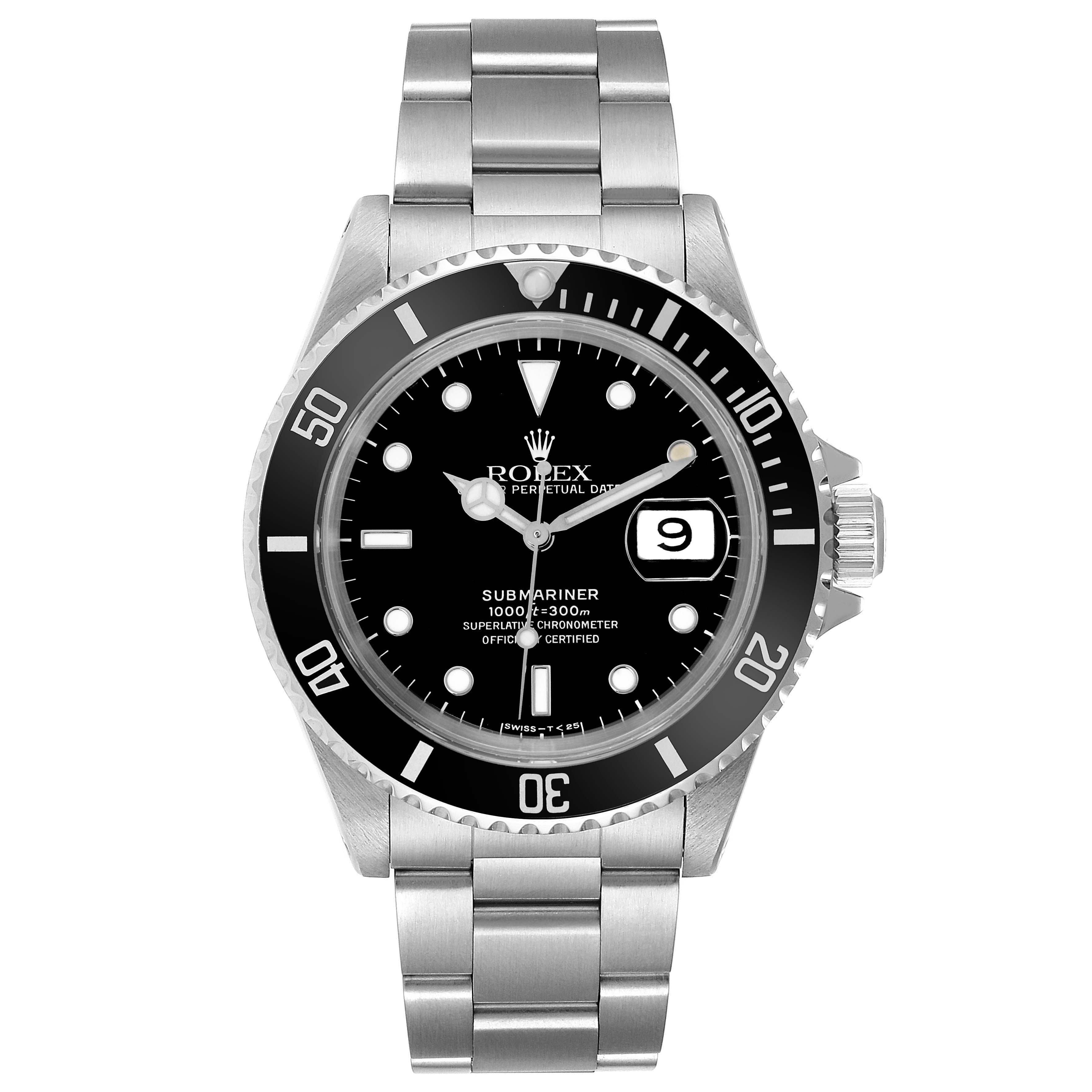 The Rolex Submariner 16610 Men
s Stainless Steel Black Dial 16610 Men
s Stainless Steel Black Dial watch is shown from a front angle, displaying its face, bezel, bracelet, and crown.