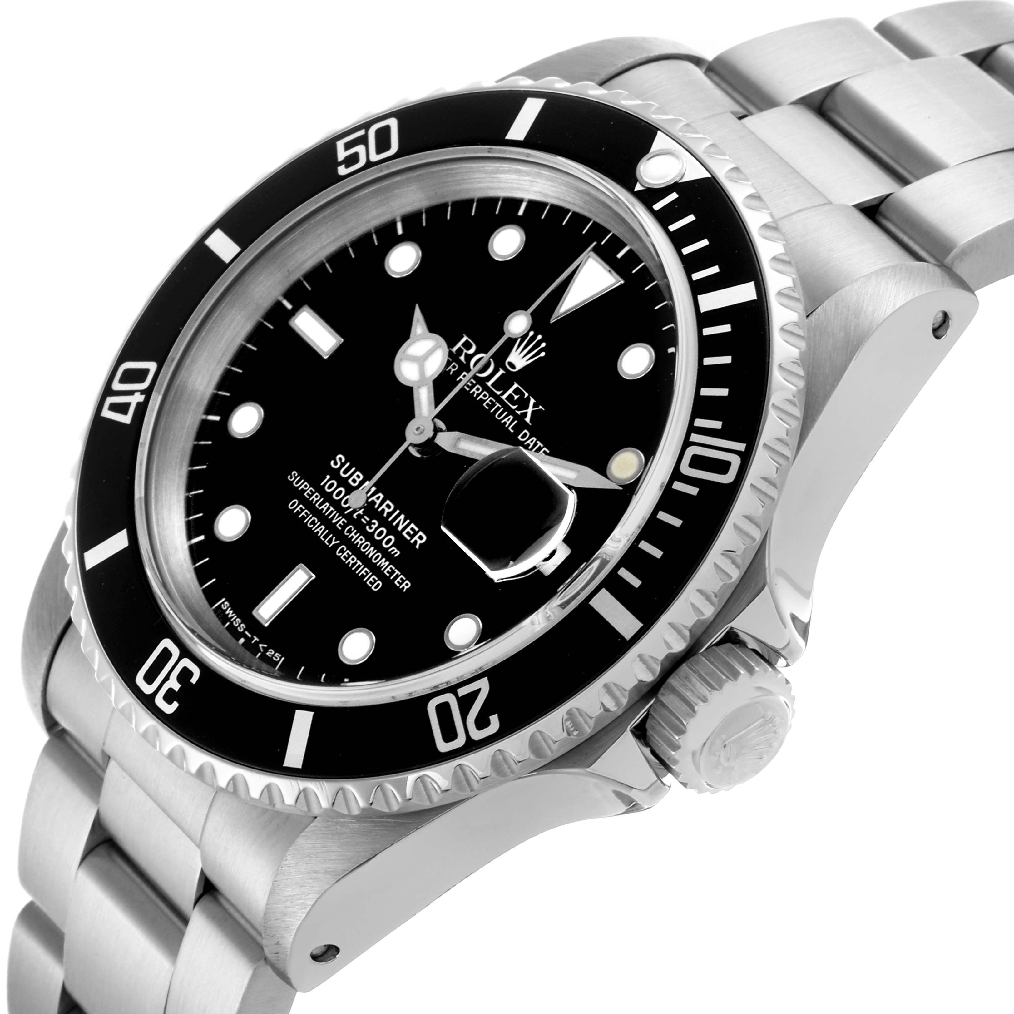 The Rolex Submariner 16610 Men
s Stainless Steel Black Dial 16610 Men
s Stainless Steel Black Dial watch is shown in a side view, displaying the bezel, crown, and part of the bracelet.