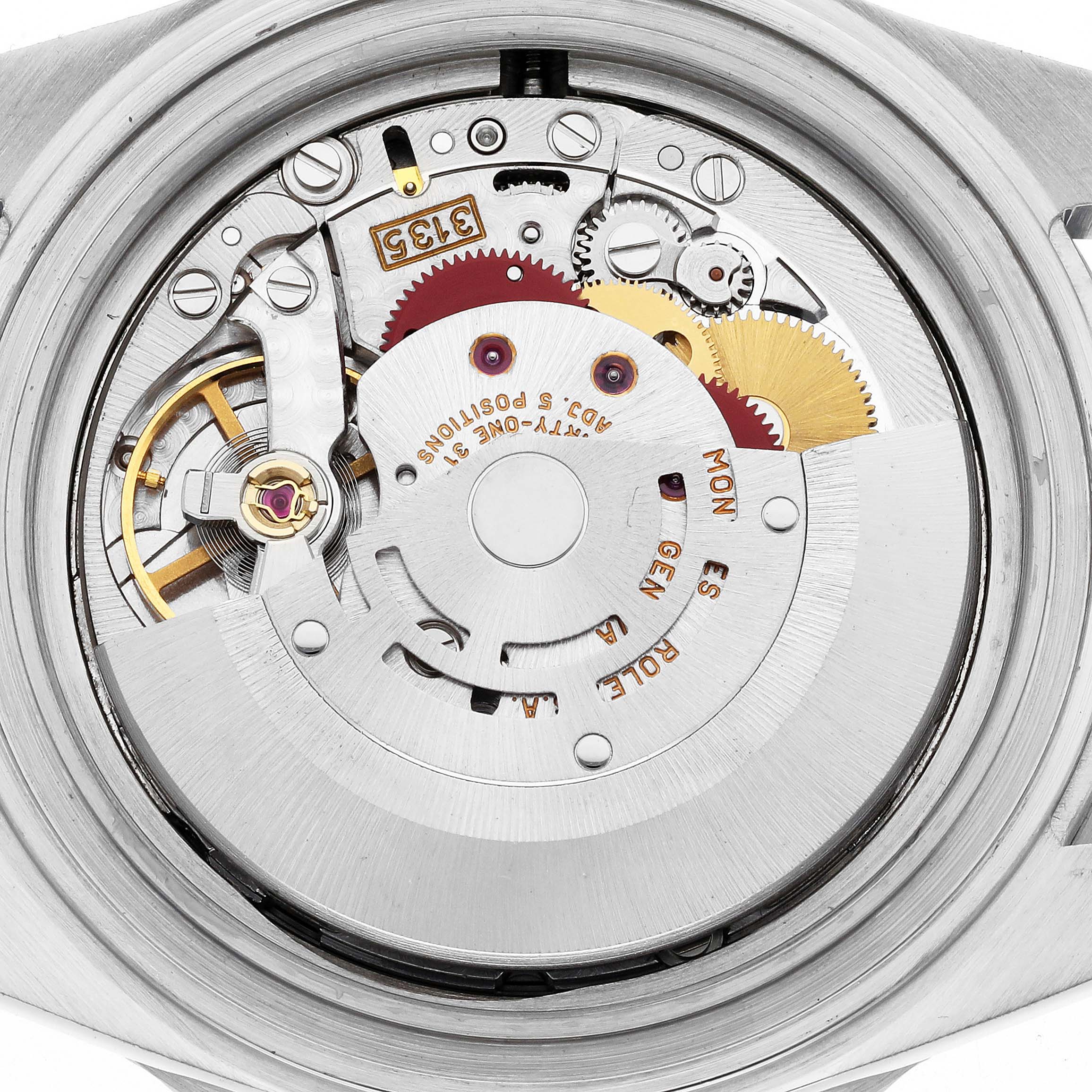 The image shows the internal mechanical movement of a Rolex Submariner 16610 Men
s Stainless Steel Black Dial 16610 Men
s Stainless Steel Black Dial, highlighting gears and components from a top-down angle.