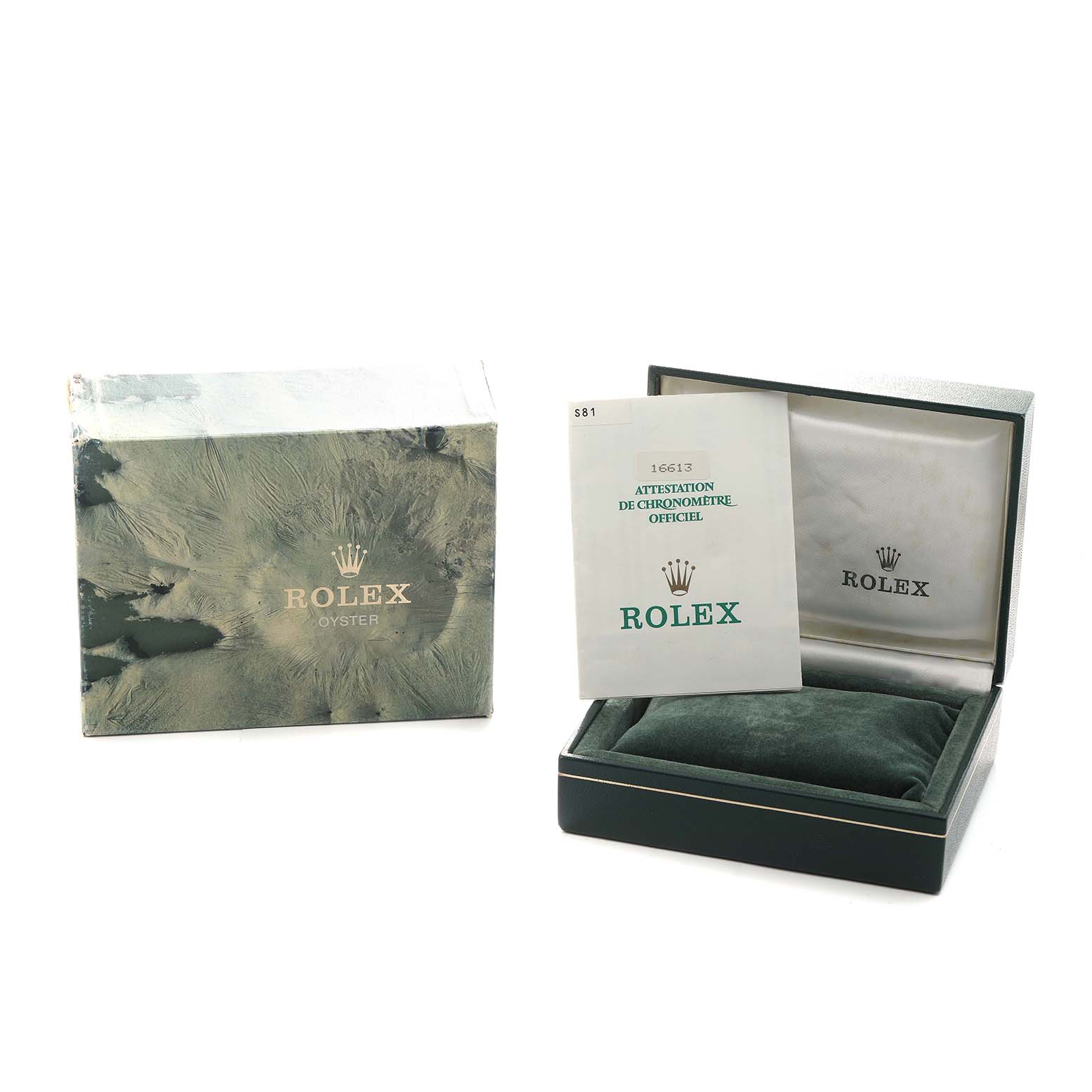 The image shows a Rolex Submariner 16613 Men's Steel and Gold (two tone) Blue Dial box and papers, including a green velvet-lined inner case and an official chronometer certification.