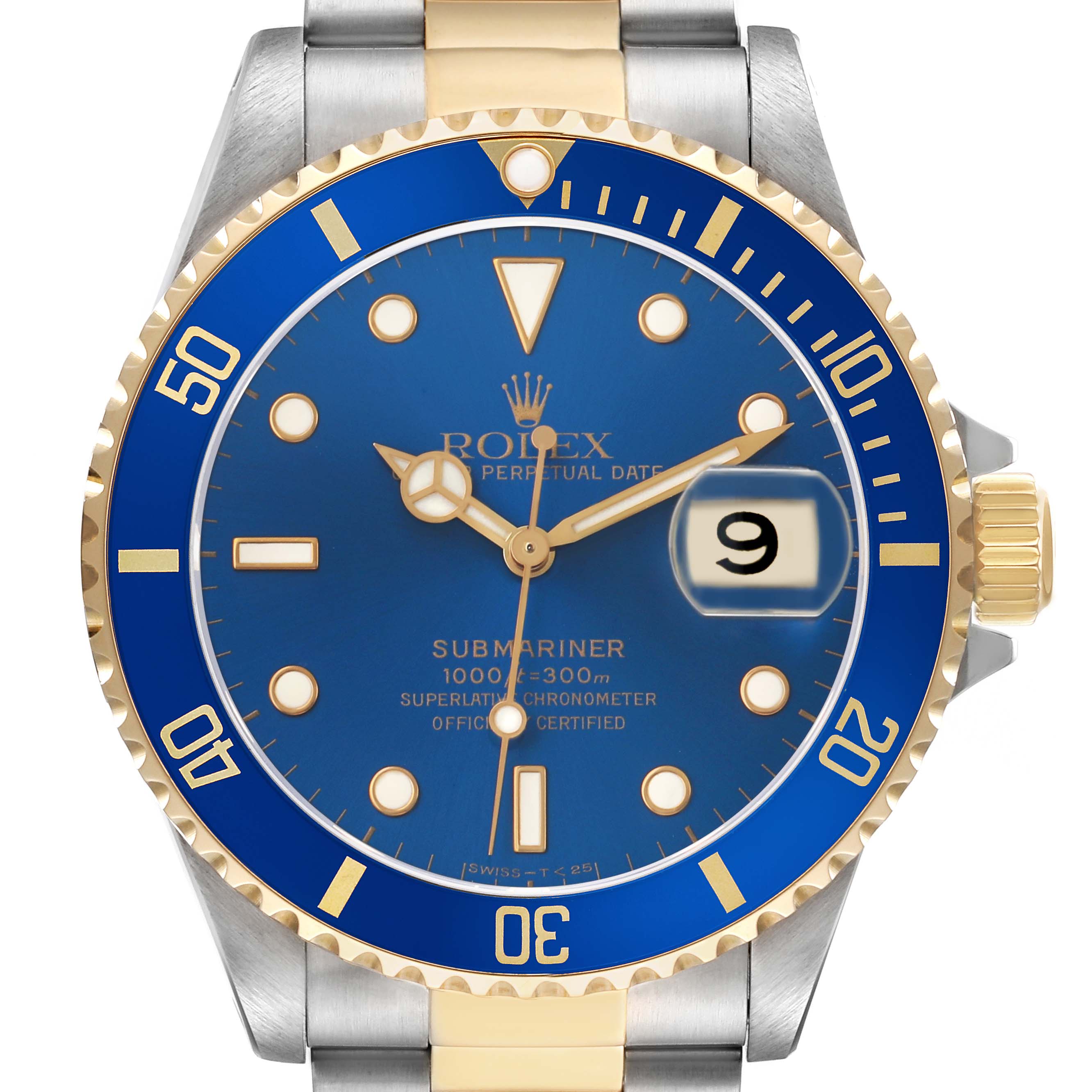 The Rolex Submariner 16613 Men's Steel and Gold (two tone) Blue Dial is shown from a front view, highlighting its blue dial, gold bezel, and date window.