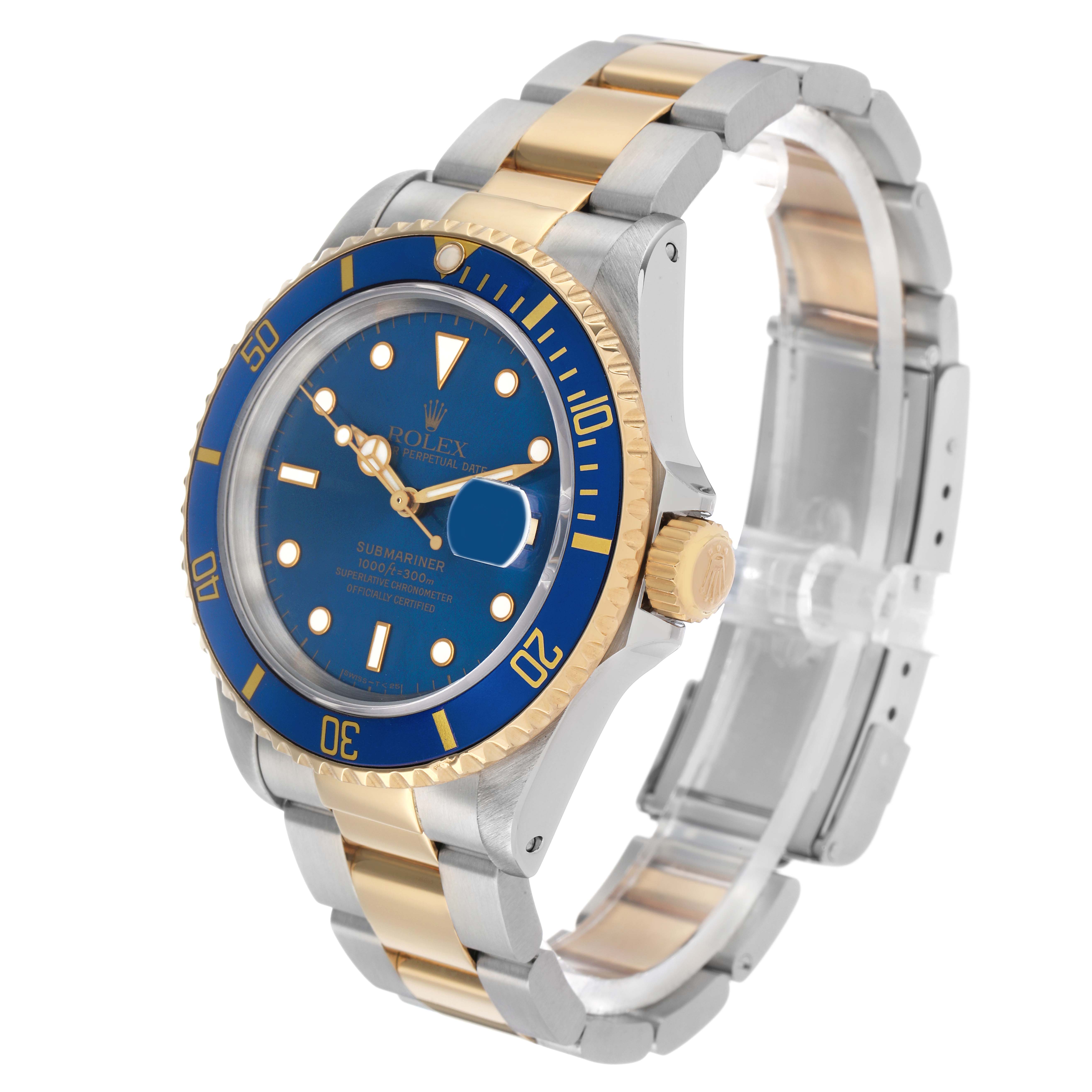 The Rolex Submariner 16613 Men's Steel and Gold (two tone) Blue Dial is shown from a three-quarter angle, displaying the blue dial, bezel, case, and two-tone bracelet.