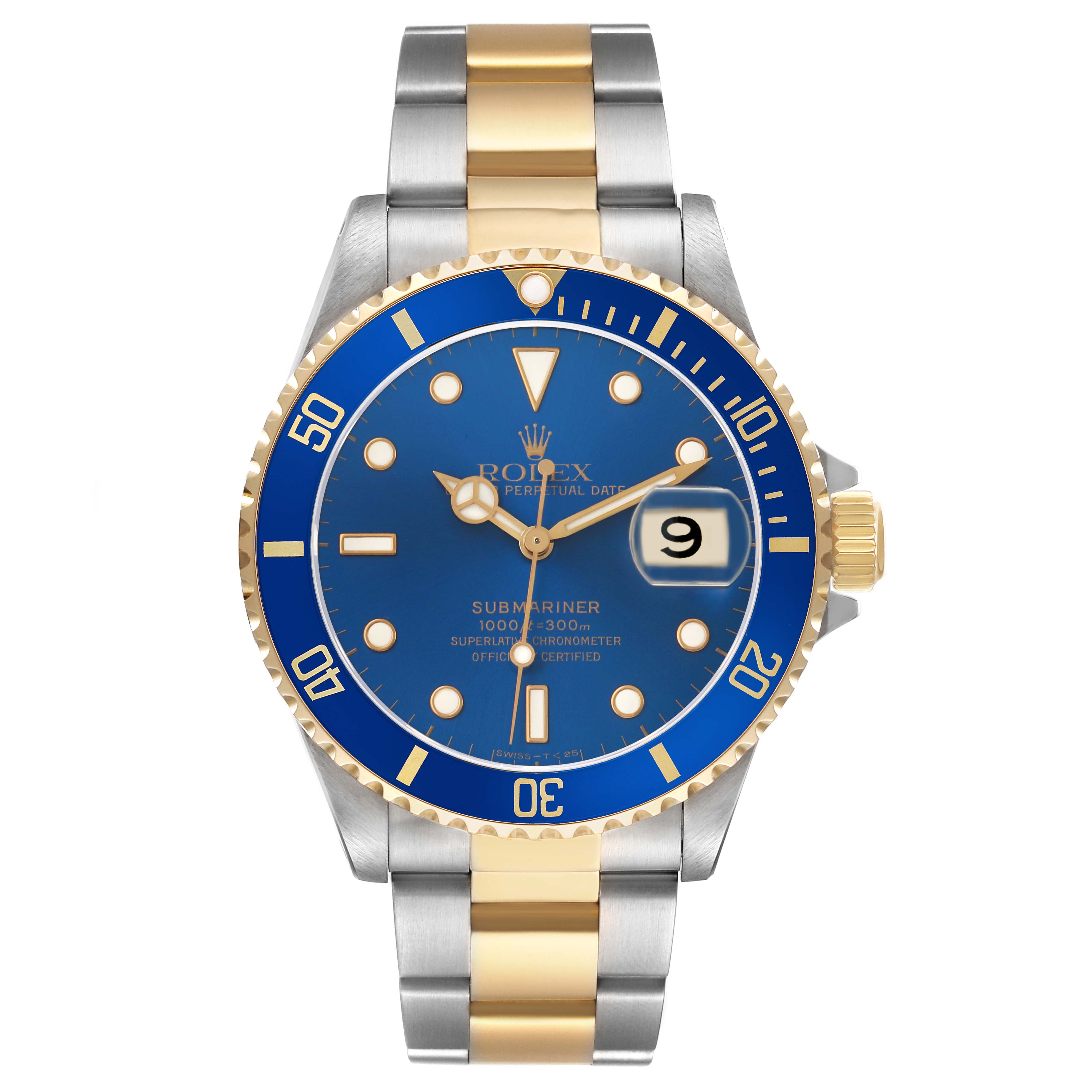The Rolex Submariner 16613 Men's Steel and Gold (two tone) Blue Dial is shown from the front, displaying its blue dial, gold and silver bracelet, bezel, and crown.