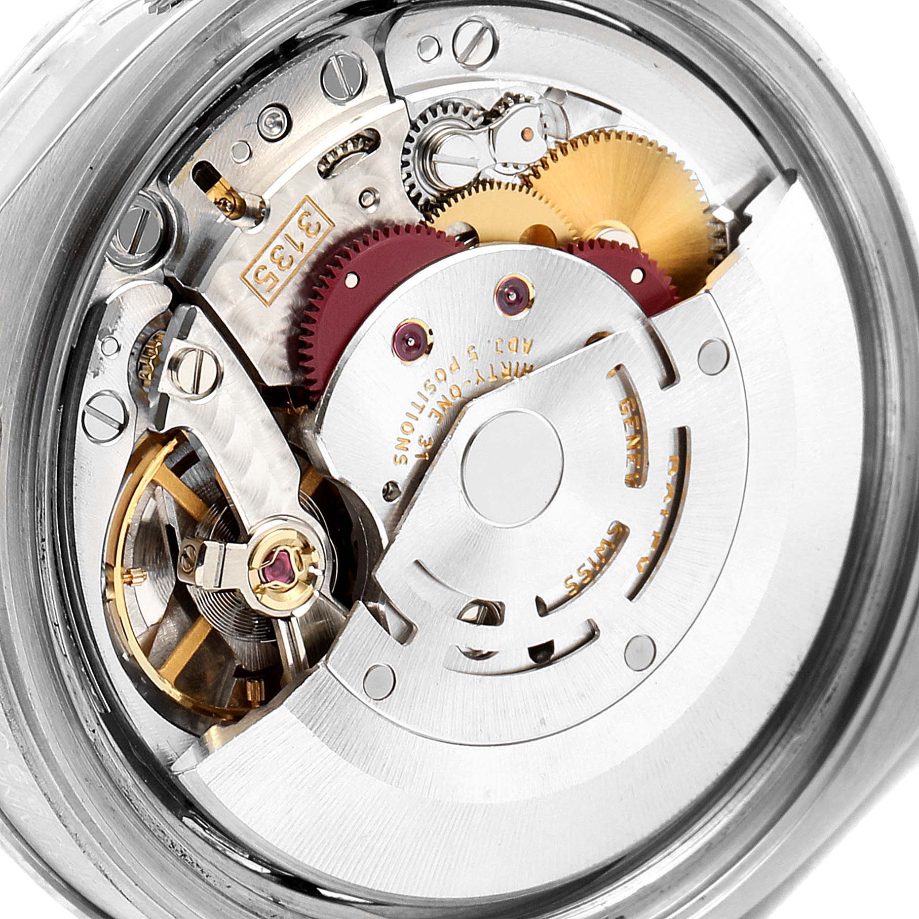 The image shows a close-up view of the internal mechanics of a Rolex Turn-o-Graph 116264 Men
s Stainless Steel White Dial 116264 Men
s Stainless Steel White Dial watch, highlighting the gears and movement components.