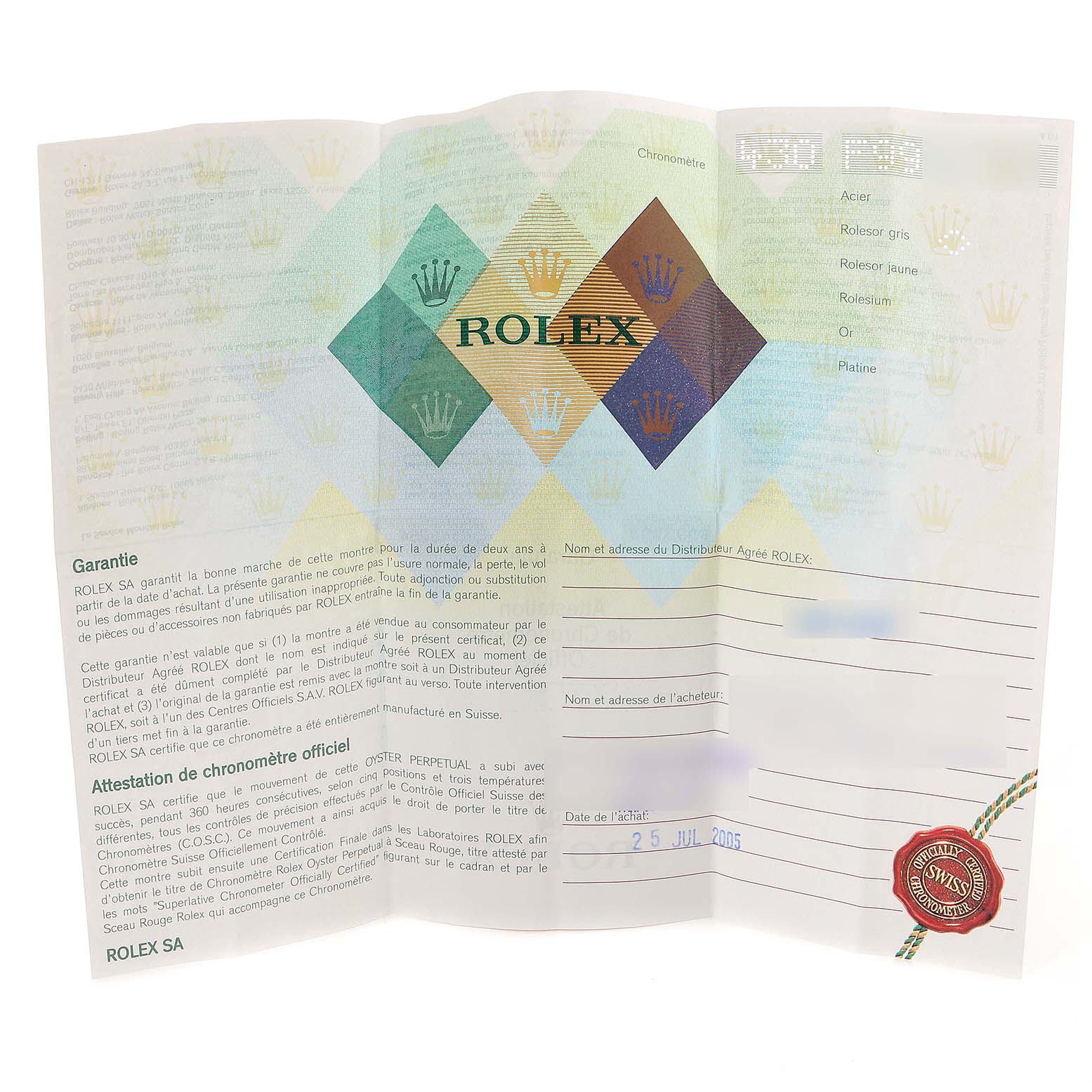 This image shows the warranty certificate for the Rolex Turn-o-Graph 116264 Men
s Stainless Steel White Dial 116264 Men
s Stainless Steel White Dial model.