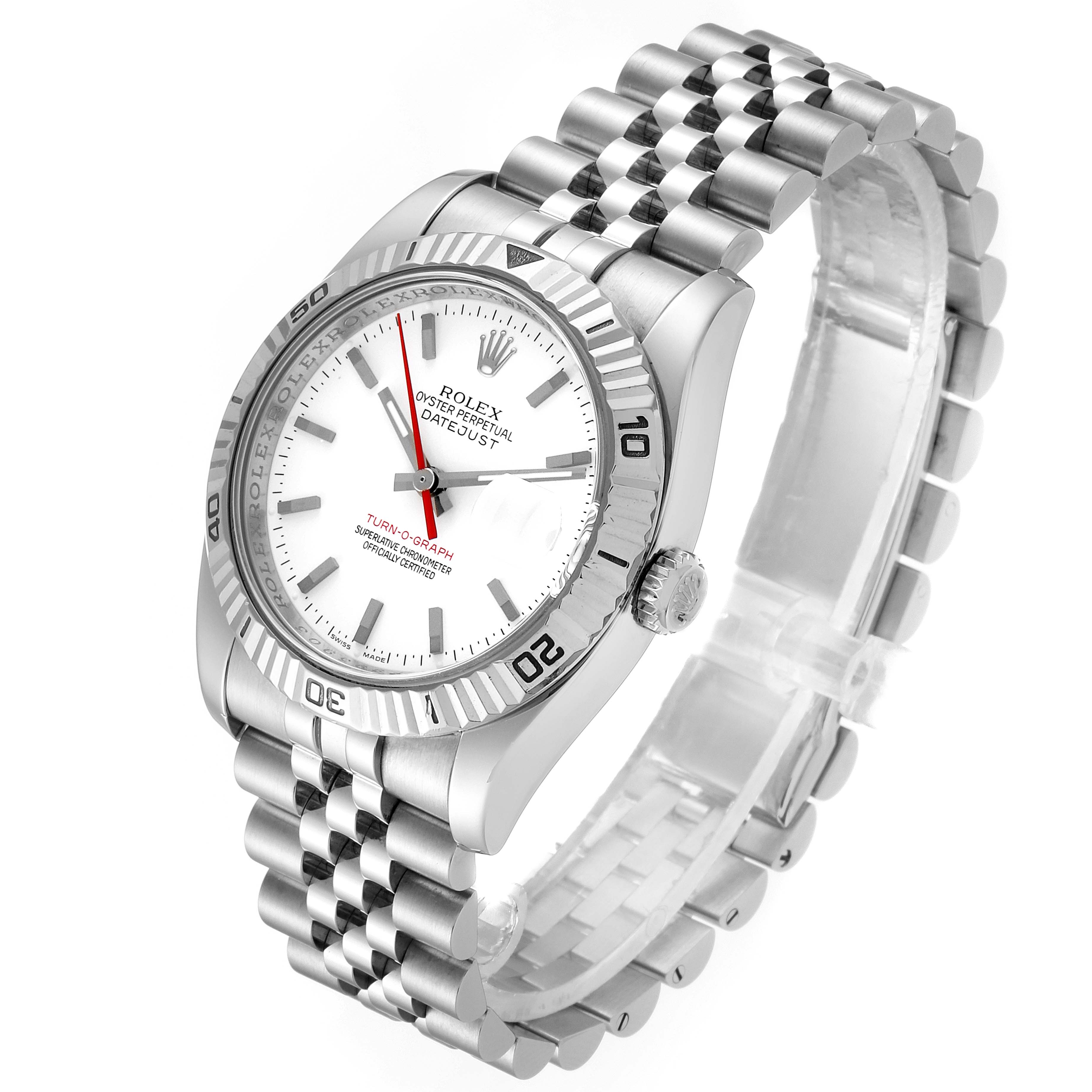 The image shows a Rolex Turn-o-Graph 116264 Men
s Stainless Steel White Dial 116264 Men
s Stainless Steel White Dial watch from a slight diagonal angle, highlighting the bezel, dial, bracelet, and crown.