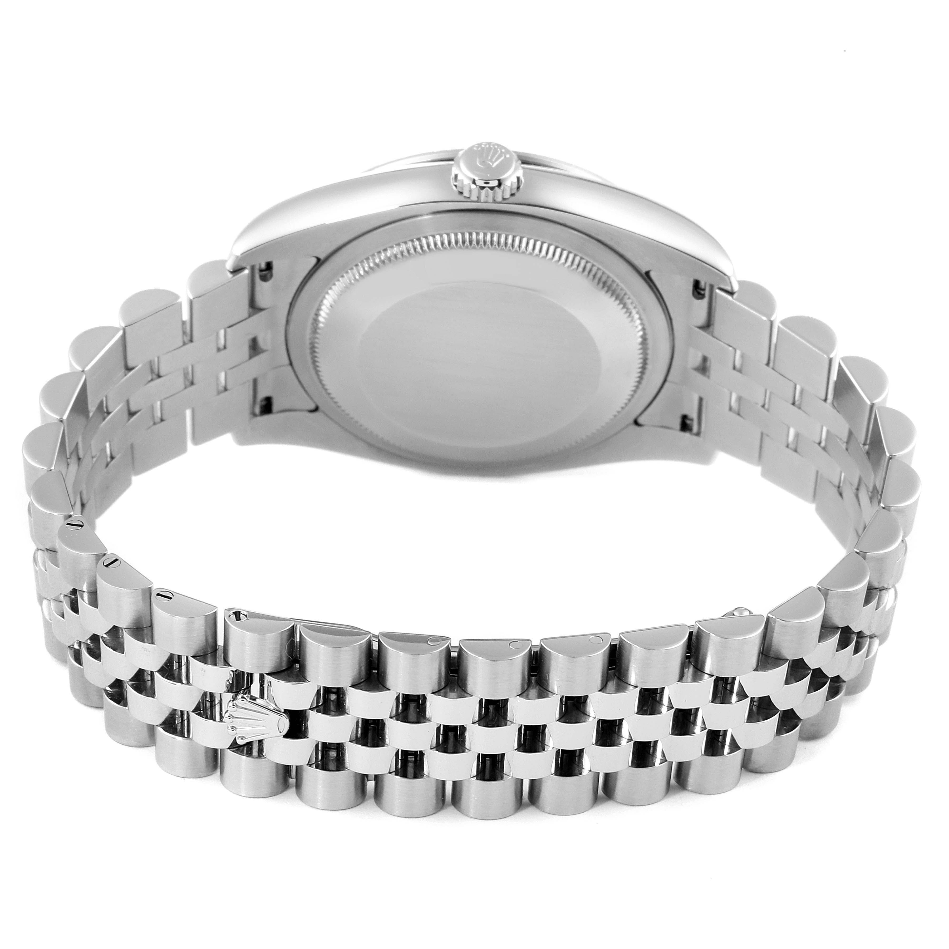 This image shows the back of a Rolex Turn-o-Graph 116264 Men
s Stainless Steel White Dial 116264 Men
s Stainless Steel White Dial watch and the metal bracelet from a rear angle.