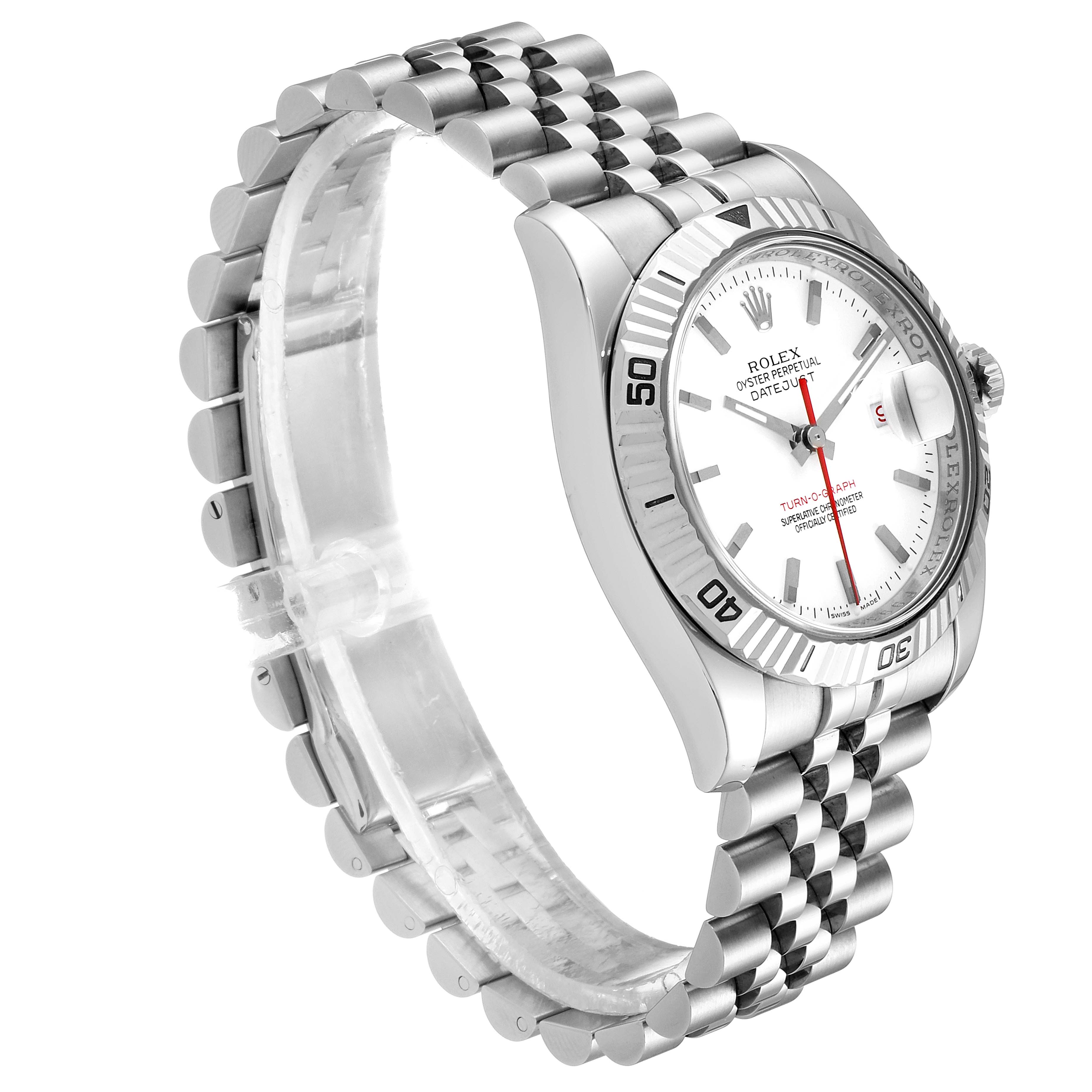 The image shows the Rolex Turn-o-Graph 116264 Men
s Stainless Steel White Dial 116264 Men
s Stainless Steel White Dial watch from a side angle, displaying its dial, bezel, and stainless steel bracelet.