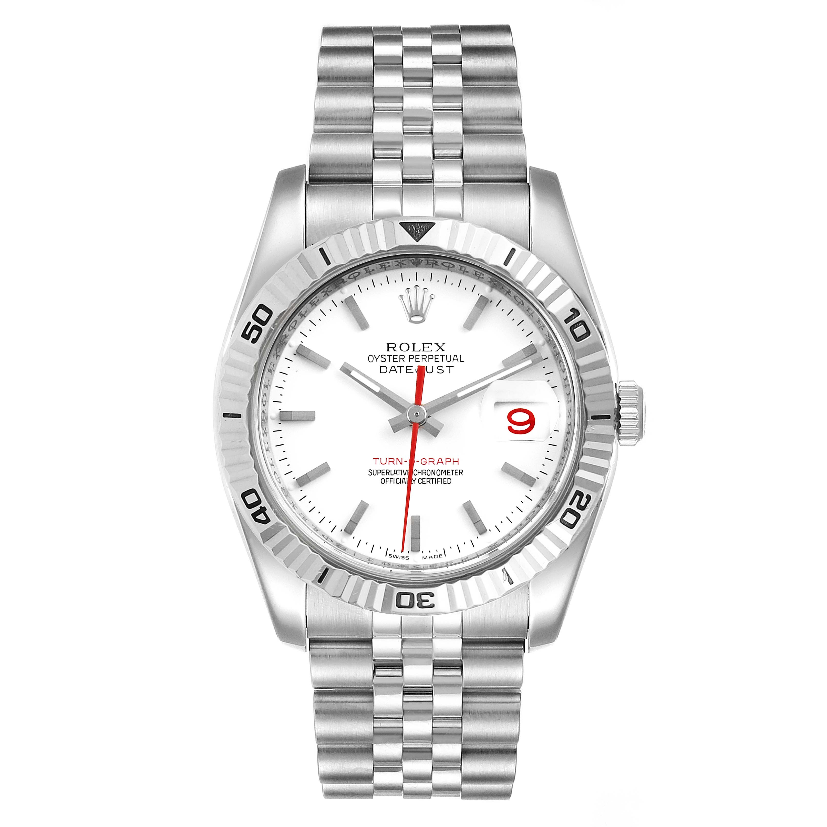 The image shows a frontal view of a Rolex Turn-o-Graph 116264 Men
s Stainless Steel White Dial 116264 Men
s Stainless Steel White Dial watch, highlighting its bezel, dial, hands, and bracelet.