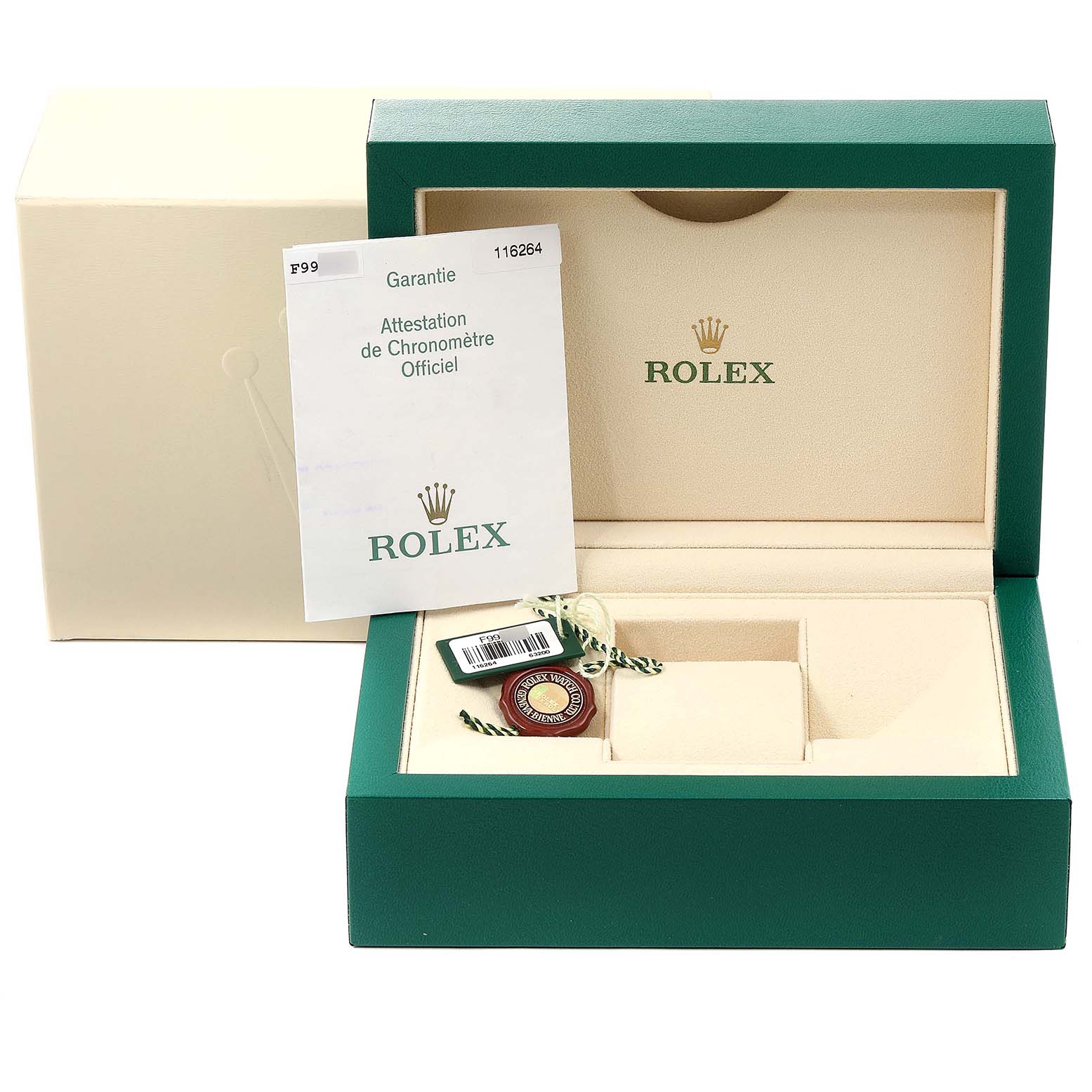 The image shows the packaging and accessories of a Rolex Turn-o-Graph 116264 Men
s Stainless Steel White Dial 116264 Men
s Stainless Steel White Dial, including the warranty card and hang tag, from a straight-on angle.