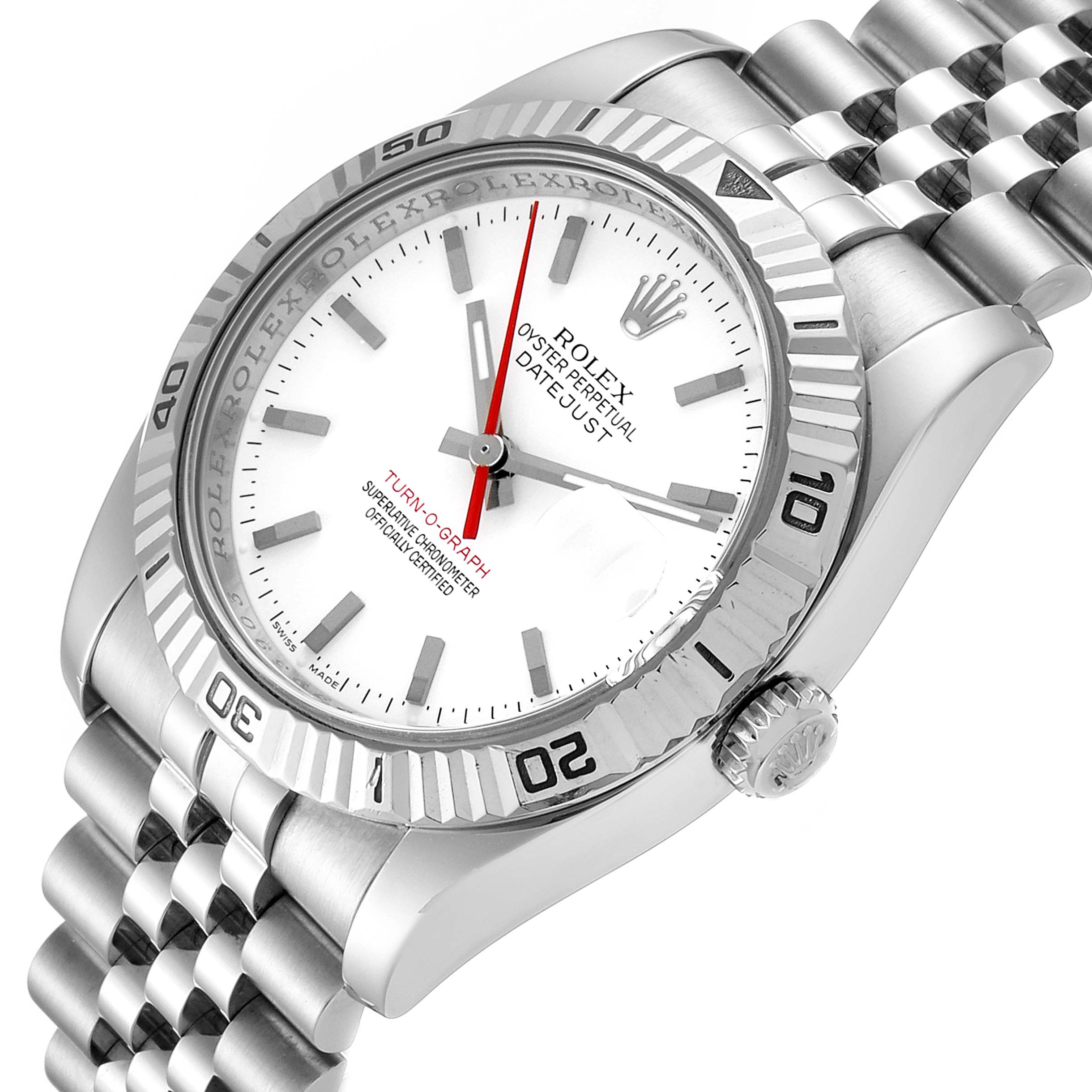 The Rolex Turn-o-Graph 116264 Men
s Stainless Steel White Dial 116264 Men
s Stainless Steel White Dial watch is shown at an angled close-up, highlighting its dial, bezel, crown, and bracelet.