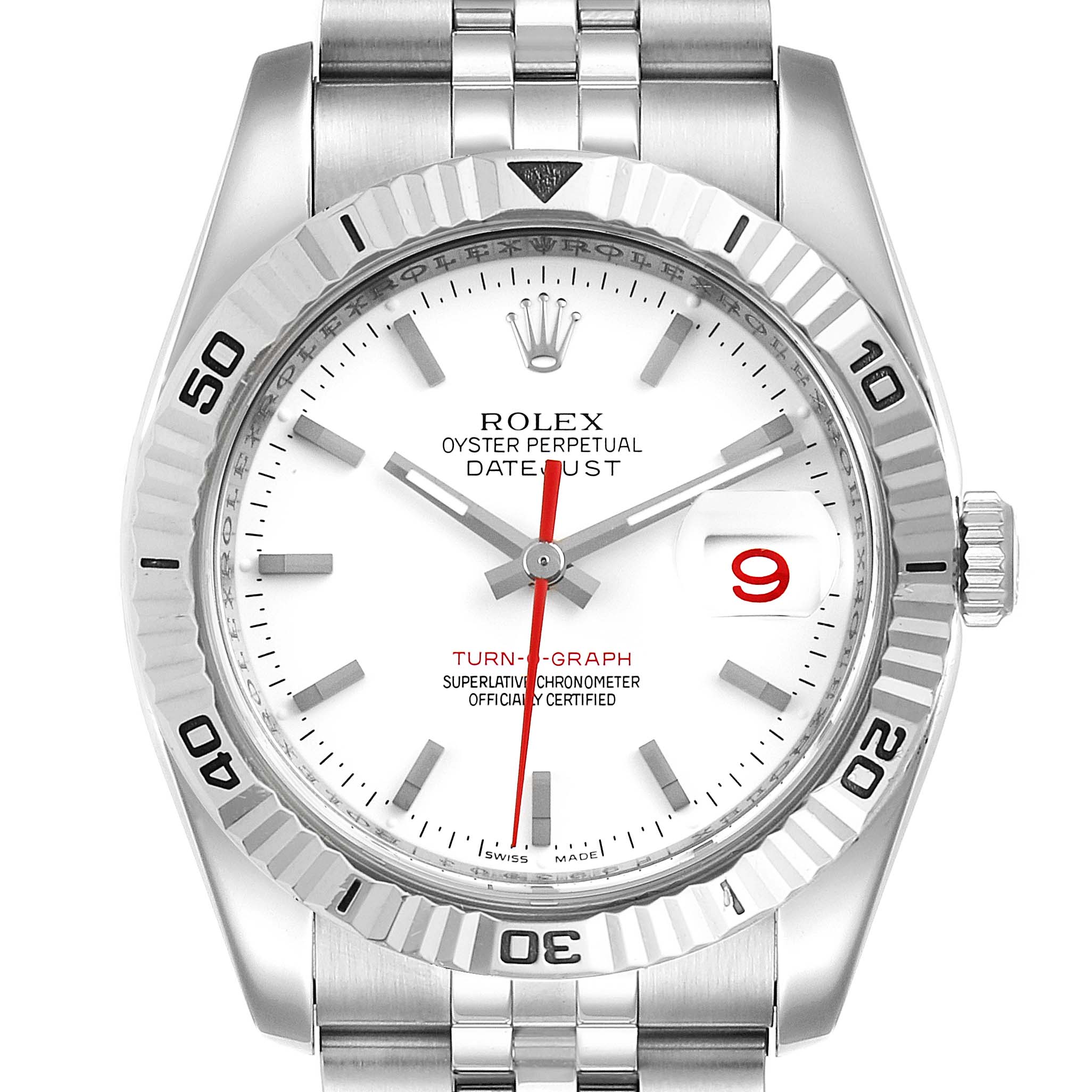 This image shows a front view of a Rolex Turn-o-Graph 116264 Men
s Stainless Steel White Dial 116264 Men
s Stainless Steel White Dial watch, displaying the dial, bezel, crown, and part of the bracelet.