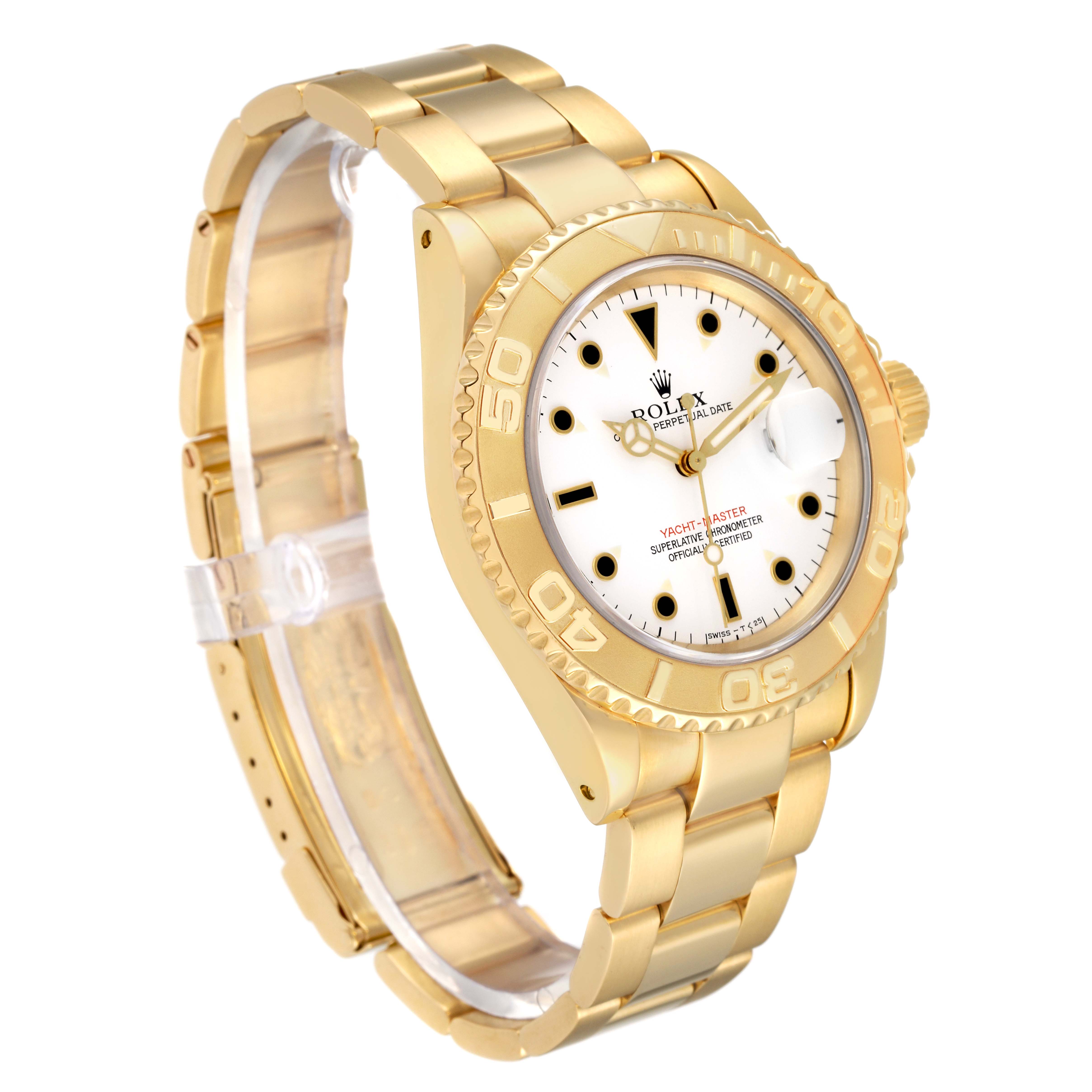 The Rolex Yacht-Master 16628B Men's Yellow Gold White Dial watch is shown at a three-quarter angle, highlighting its gold bracelet, bezel, and white dial.
