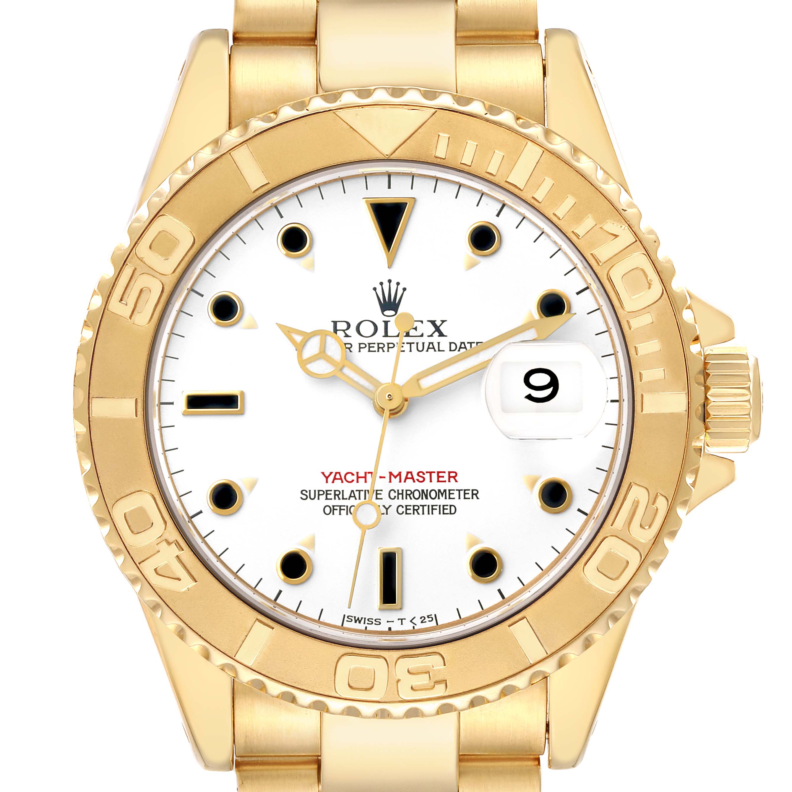 The Rolex Yacht-Master 16628B Men's Yellow Gold White Dial watch is shown head-on, displaying the dial, bezel, and part of the bracelet.