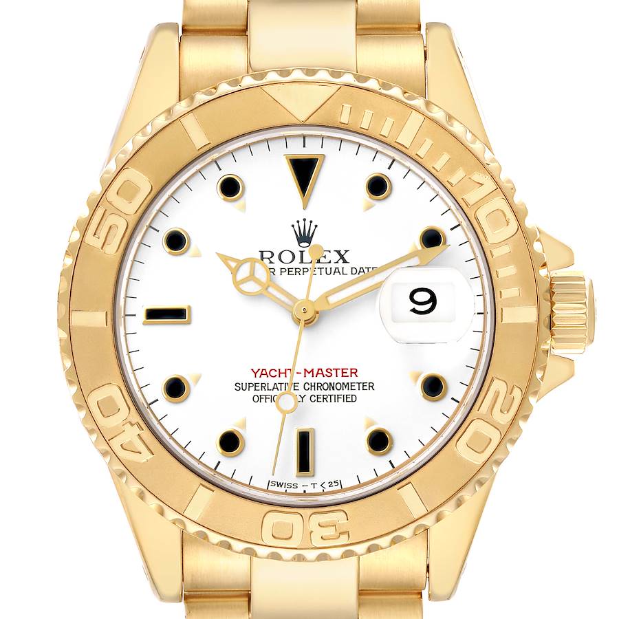 The Rolex Yacht-Master 16628B Men's Yellow Gold White Dial watch is shown head-on, displaying the dial, bezel, and part of the bracelet.