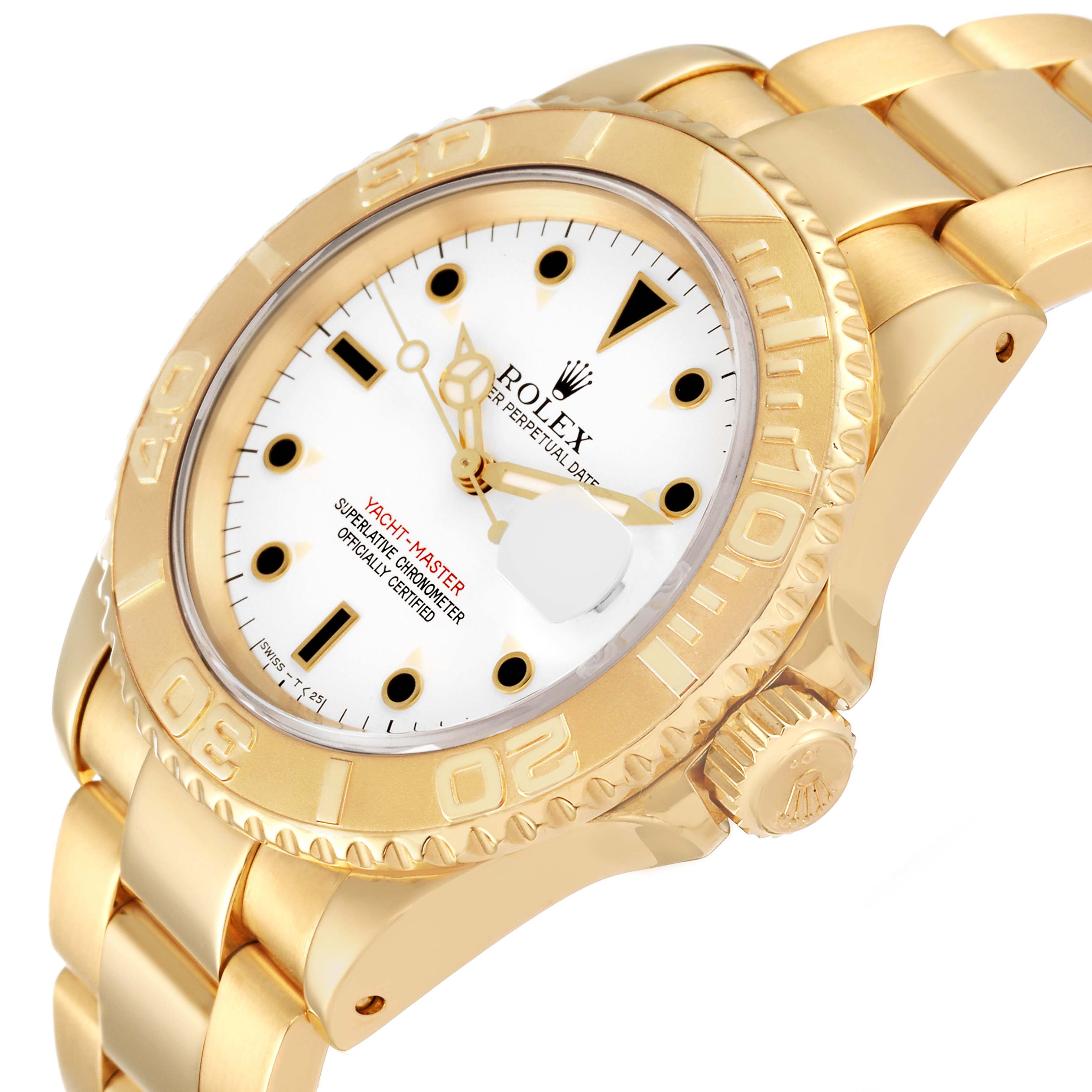 The Rolex Yacht-Master 16628B Men's Yellow Gold White Dial watch is shown at a tilted angle, displaying the case, bezel, dial, and part of the bracelet.