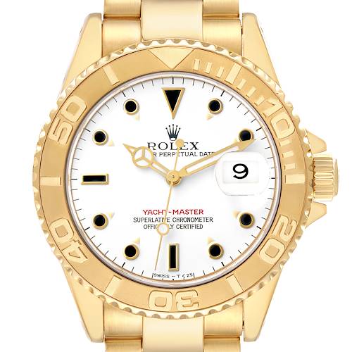 The Rolex Yacht-Master 16628B Men
s Yellow Gold White Dial watch is shown from the front, displaying the dial, bezel, and part of the bracelet.