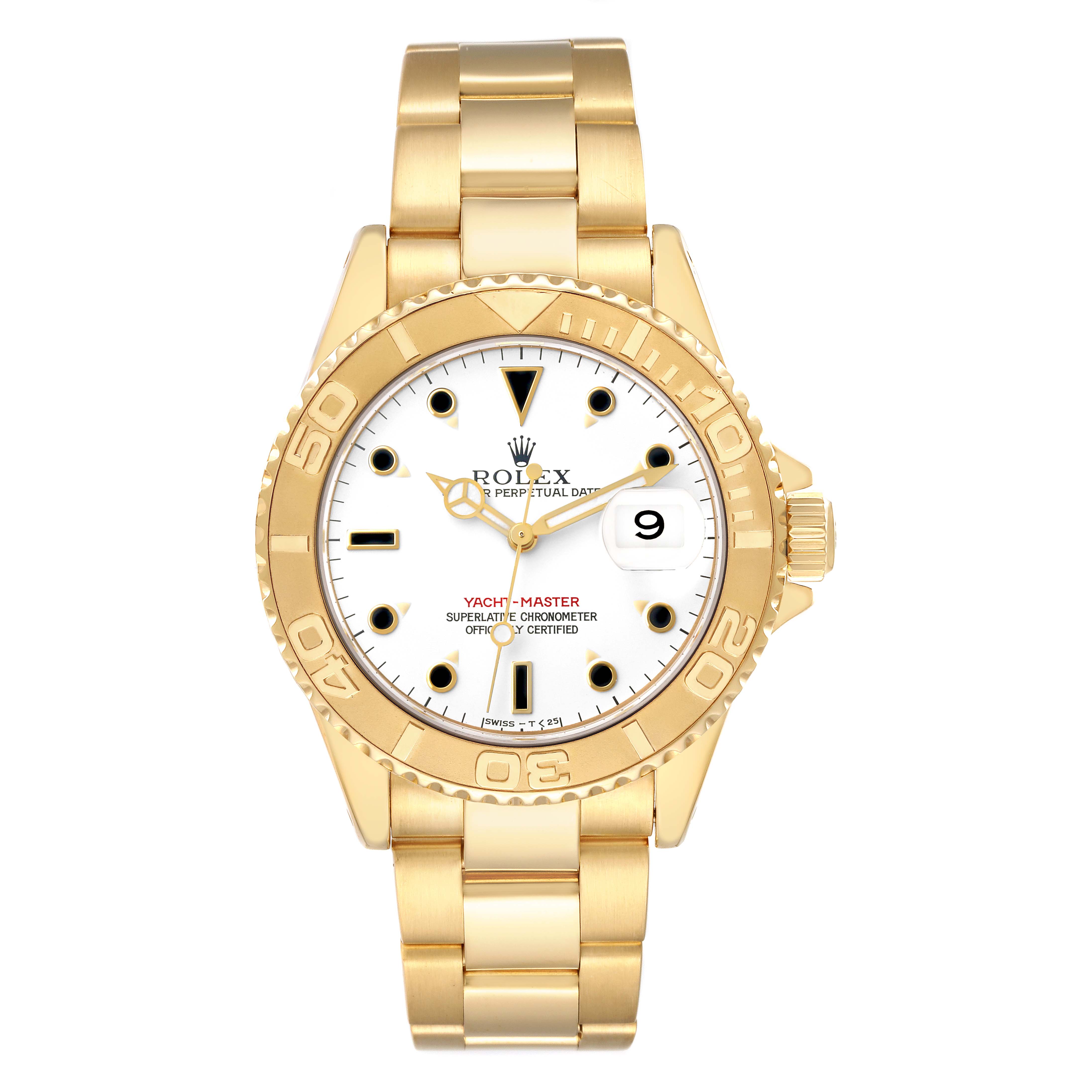 The Rolex Yacht-Master 16628B Men's Yellow Gold White Dial watch is shown from a front angle, displaying the bezel, dial, crown, and bracelet.