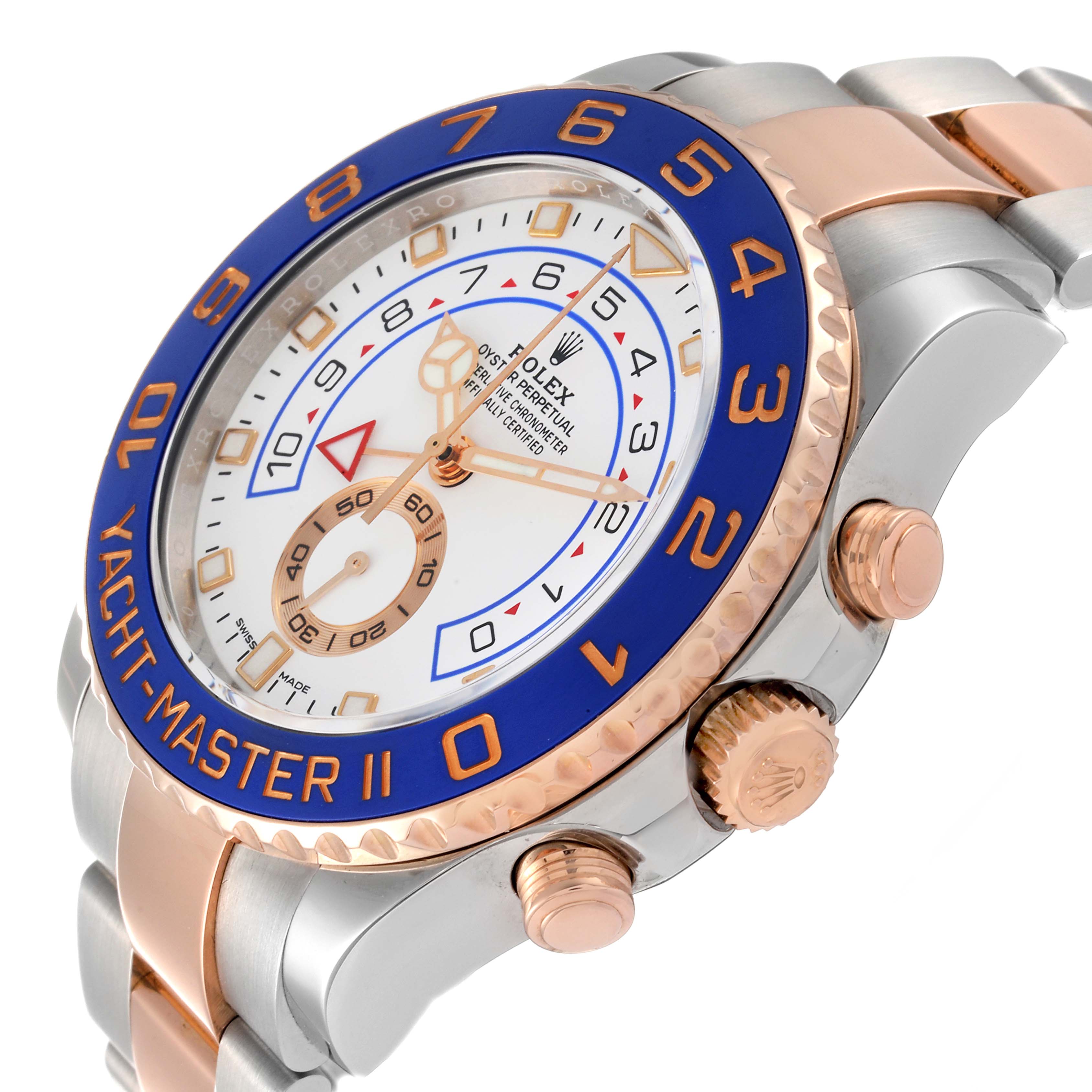 The image shows a close-up of a Rolex Yacht-Master 116681 Men
s Steel and Gold (two tone) White Dial 116681 Men
s Steel and Gold (two tone) White Dial II watch, highlighting the face, bezel, and side crowns at an angle.