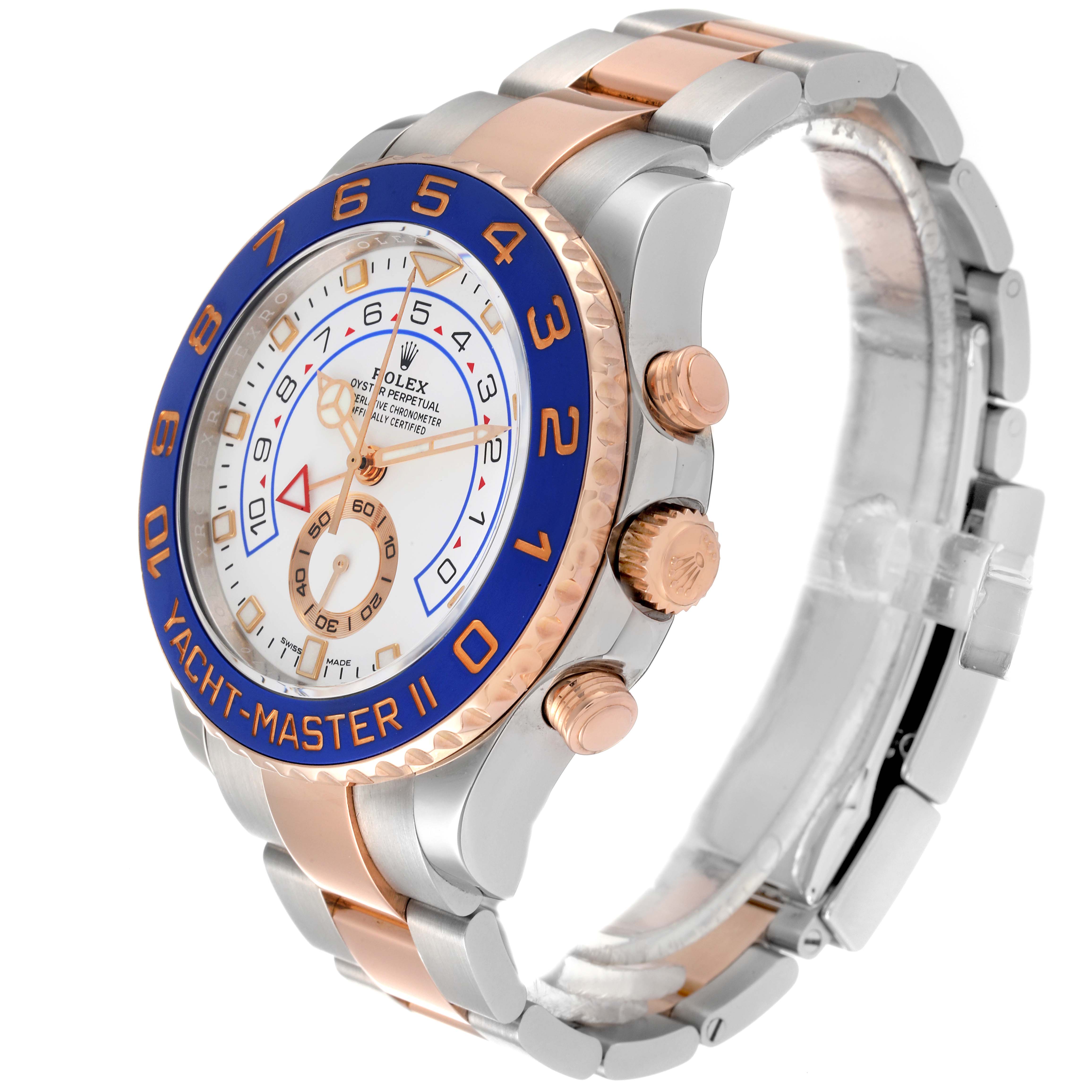 The image shows a side view of a Rolex Yacht-Master 116681 Men
s Steel and Gold (two tone) White Dial 116681 Men
s Steel and Gold (two tone) White Dial II watch, highlighting the case, bezel, dial, and bracelet.