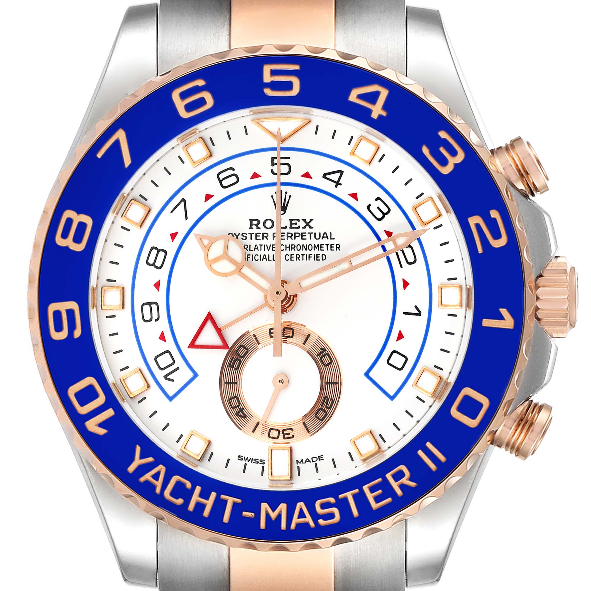 This image shows a front view of the Rolex Yacht-Master 116681 Men
s Steel and Gold (two tone) White Dial 116681 Men
s Steel and Gold (two tone) White Dial II watch, highlighting its bezel, dial, hands, and crown.