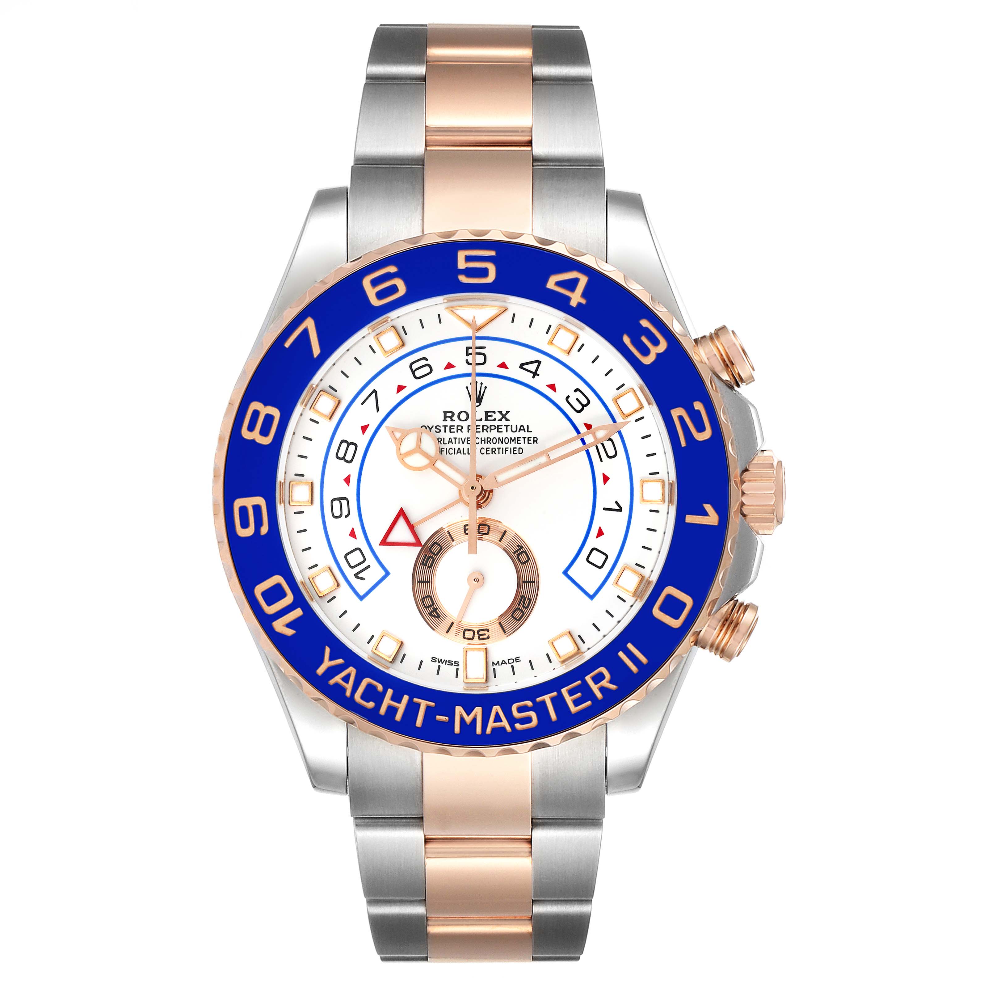 This image shows a frontal view of a Rolex Yacht-Master 116681 Men
s Steel and Gold (two tone) White Dial 116681 Men
s Steel and Gold (two tone) White Dial II watch, highlighting the face, bezel, and bracelet.