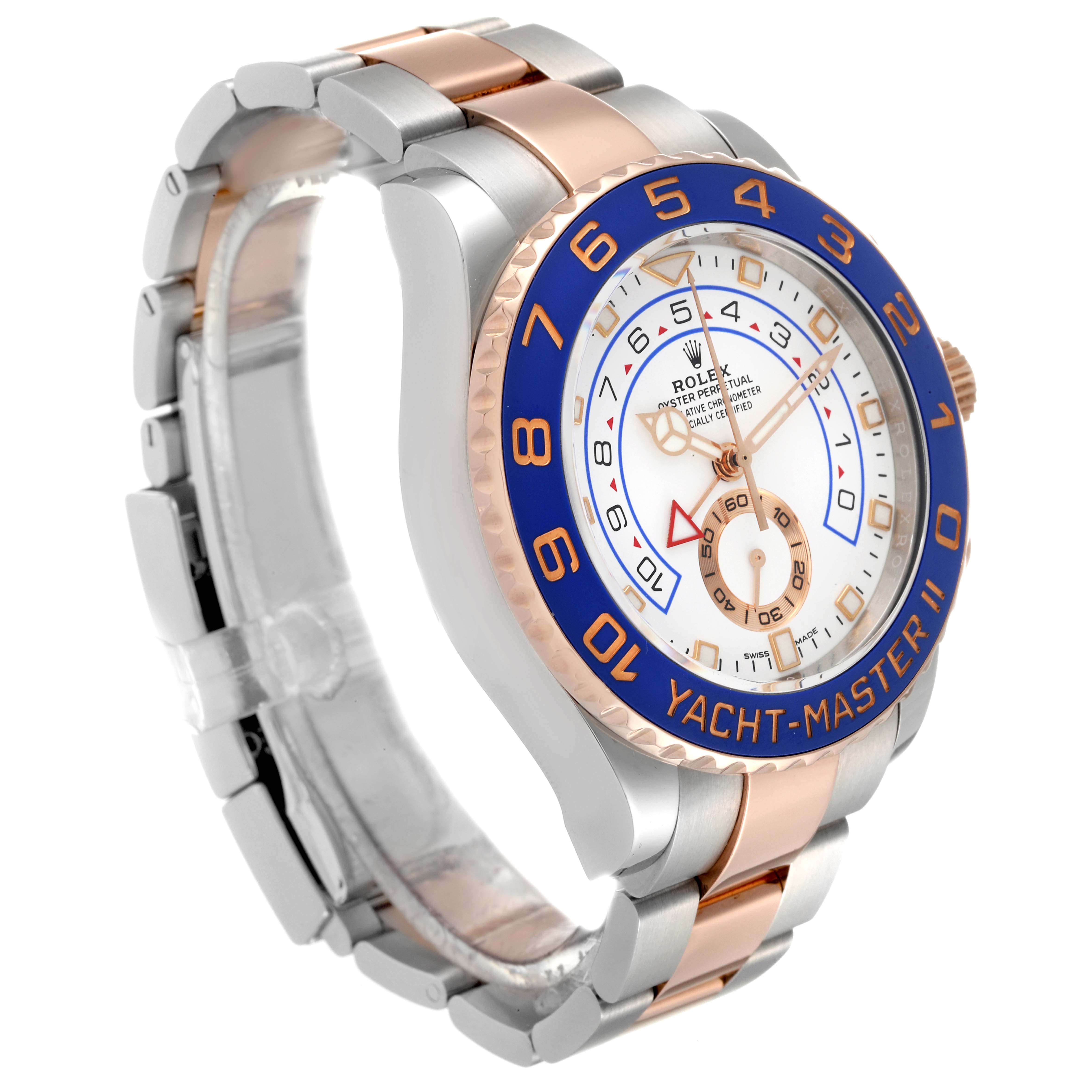 The image shows a close-up angled view of the Rolex Yacht-Master 116681 Men
s Steel and Gold (two tone) White Dial 116681 Men
s Steel and Gold (two tone) White Dial II watch, displaying its face, bezel, and bracelet.