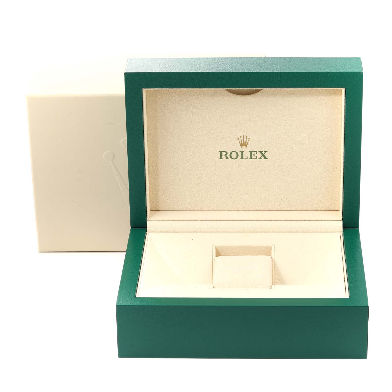 The image shows an open green and beige box for a Rolex Yacht-Master 116681 Men
s Steel and Gold (two tone) White Dial 116681 Men
s Steel and Gold (two tone) White Dial watch, viewed from the front.