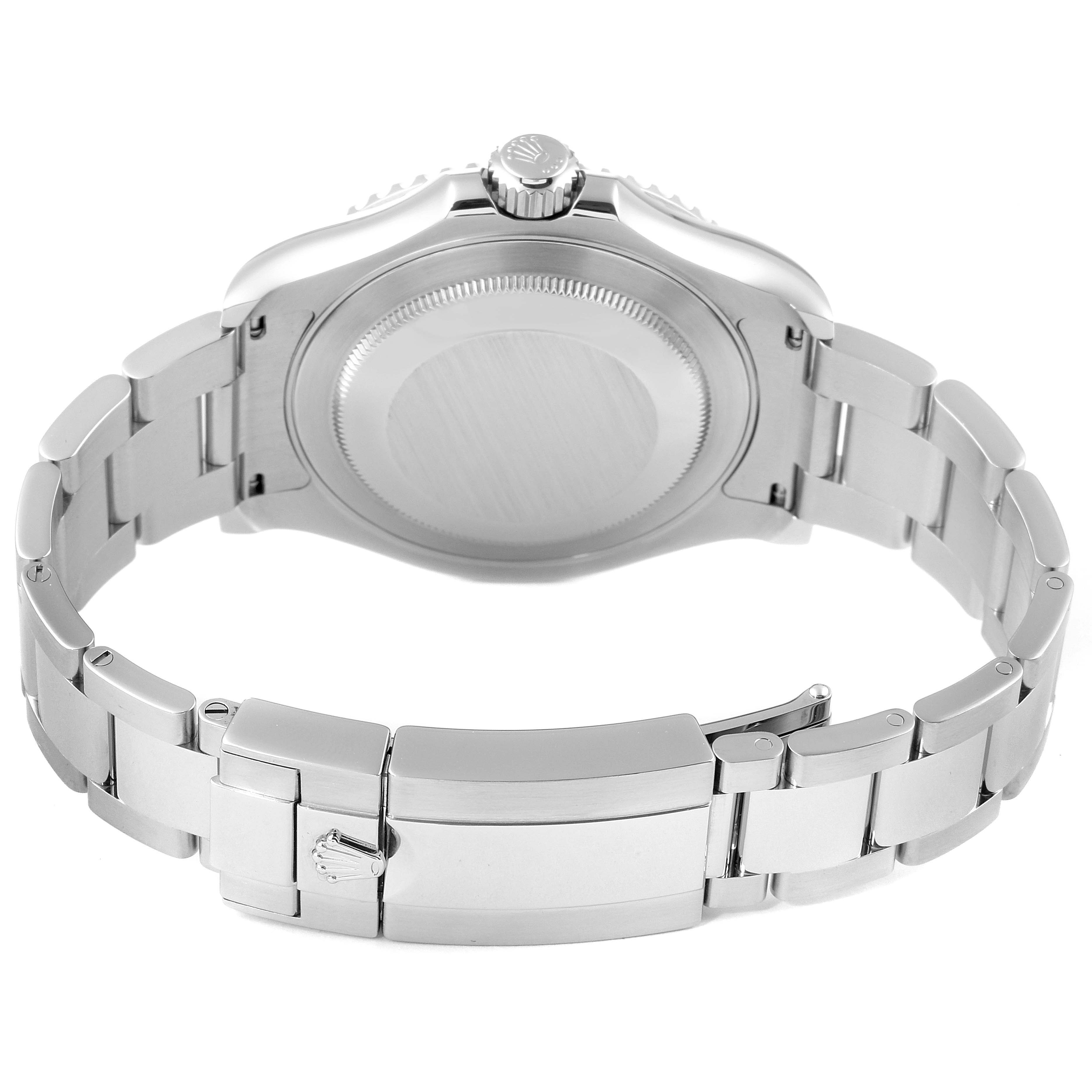 The image shows the back view and bracelet clasp of a Rolex Yacht-Master 116622 Men
s Stainless Steel Grey Dial 116622 Men
s Stainless Steel Grey Dial watch.
