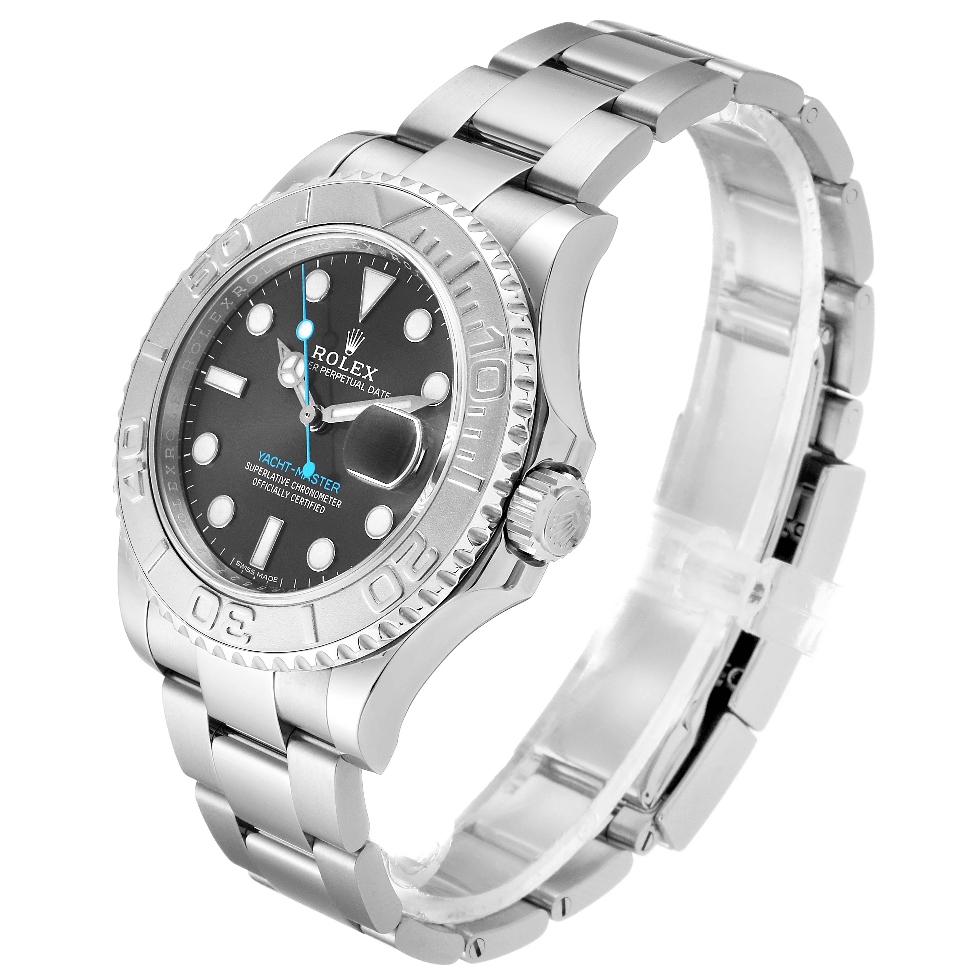 This image shows a side and angled view of the Rolex Yacht-Master 116622 Men
s Stainless Steel Grey Dial 116622 Men
s Stainless Steel Grey Dial watch displaying the face, crown, and metal bracelet.