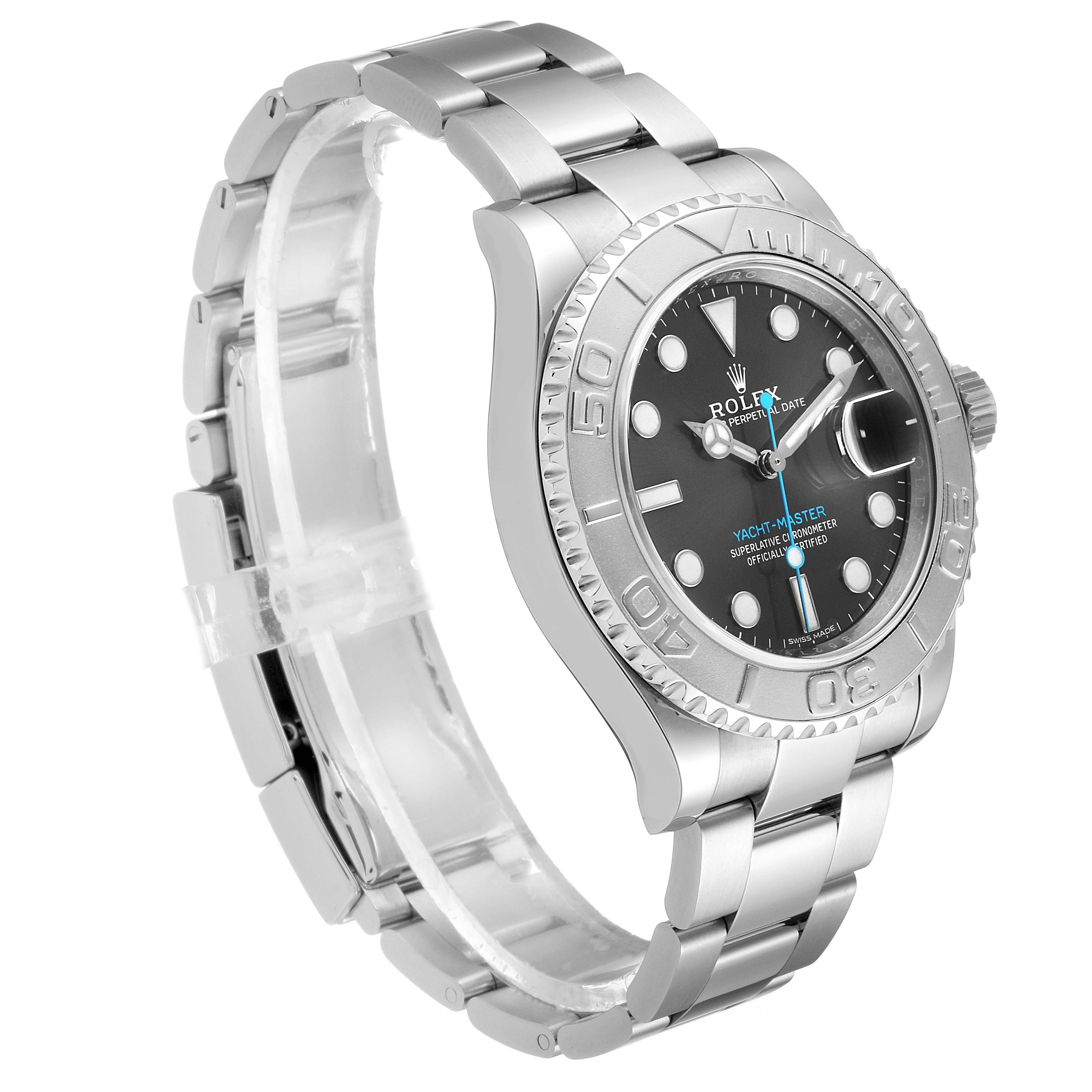 The image shows a Rolex Yacht-Master 116622 Men
s Stainless Steel Grey Dial 116622 Men
s Stainless Steel Grey Dial watch at a slight angle, displaying the face, bezel, crown, and bracelet.