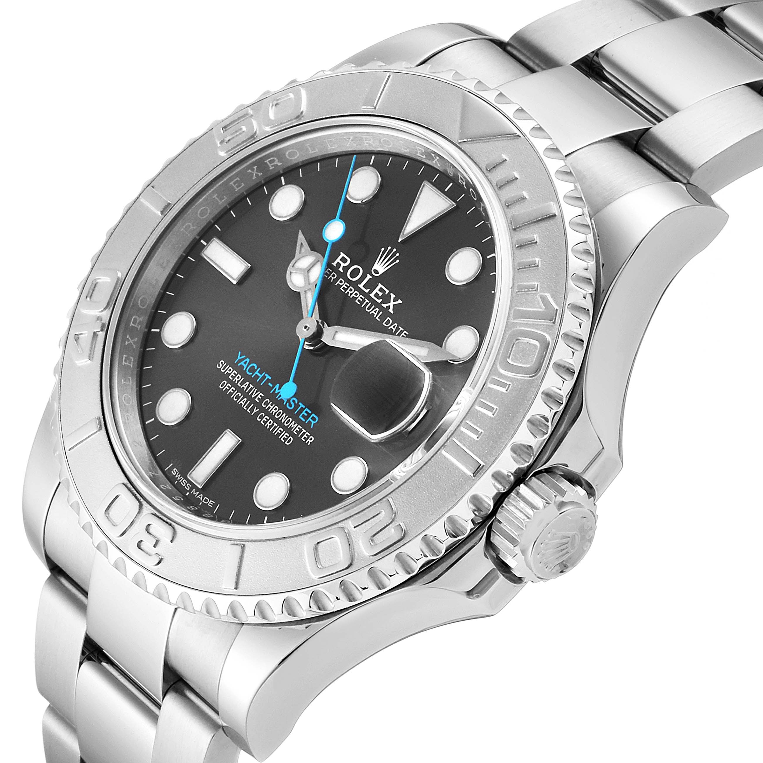 This image shows a Rolex Yacht-Master 116622 Men
s Stainless Steel Grey Dial 116622 Men
s Stainless Steel Grey Dial watch at an angle highlighting its face, bezel, crown, and bracelet.